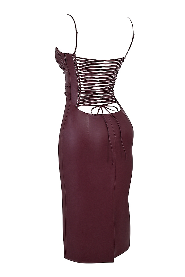 Jalena-Mulberry Vegan Leather Lace Back Dress
