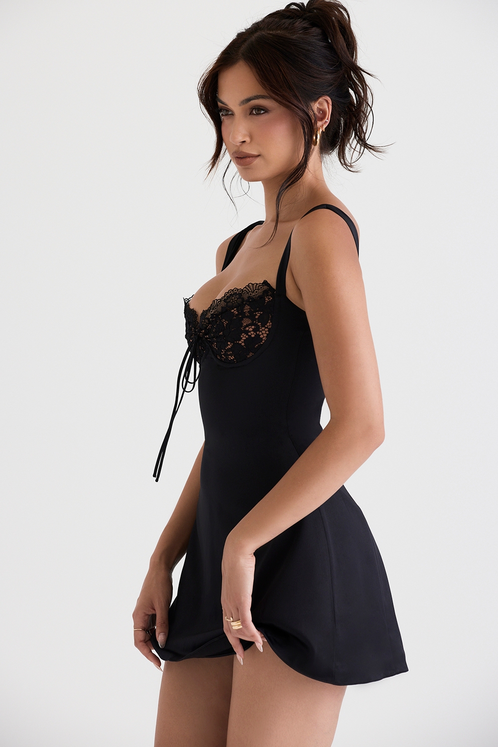 Adriana-Black Satin And Lace Mini Dress