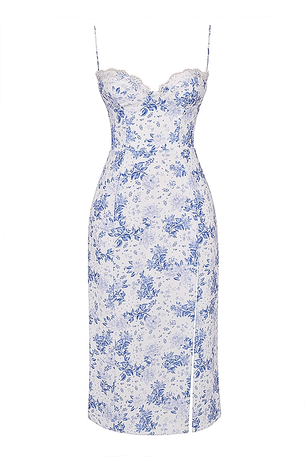 Charlotte-Blue Print Corset Midi Dress