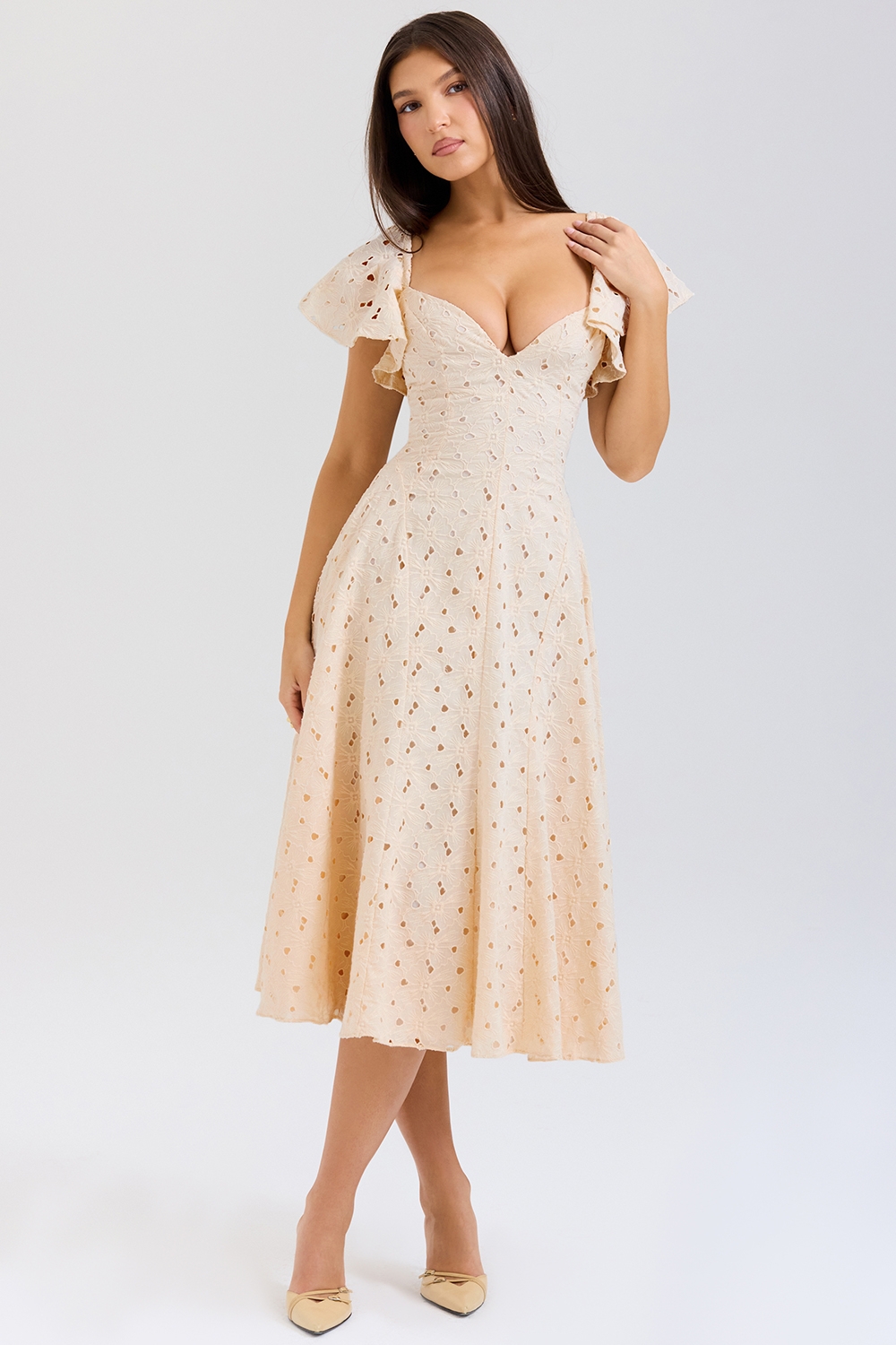 Amaya-Cream Tea Broderie Anglais Midi Dress