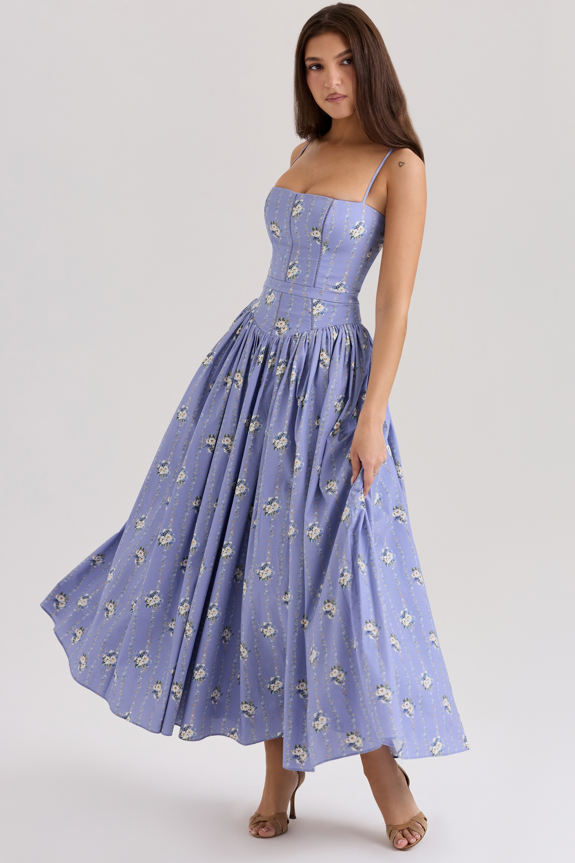 Ysabella-Blue Daisy Print Stretch Cotton Midi Sundress