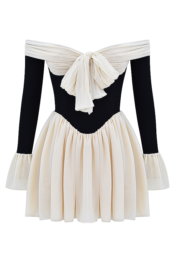 Alana-Black & Cream Off Shoulder Dress