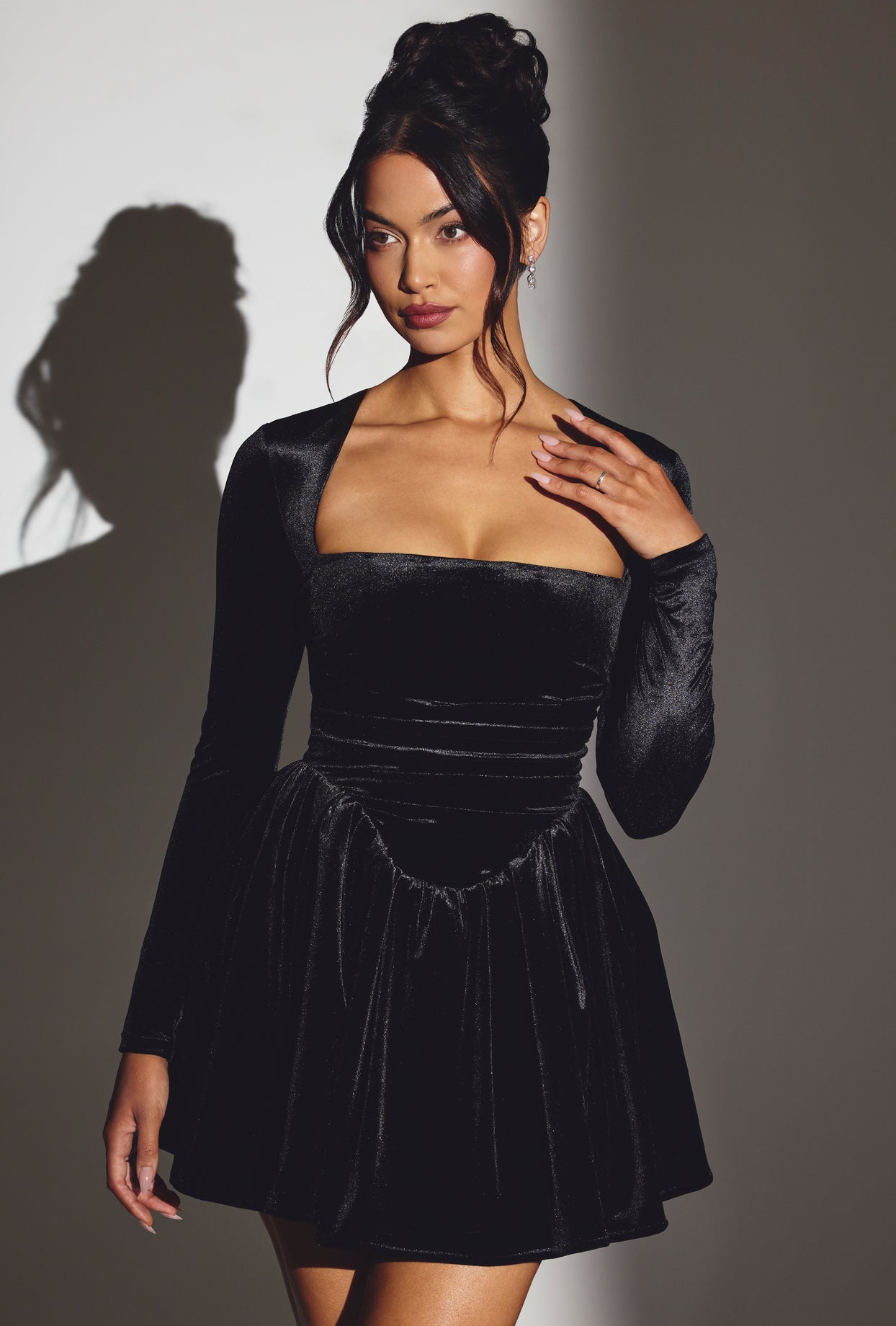 Tera-Velvet Long Sleeve Corset Mini Dress in Jet Black