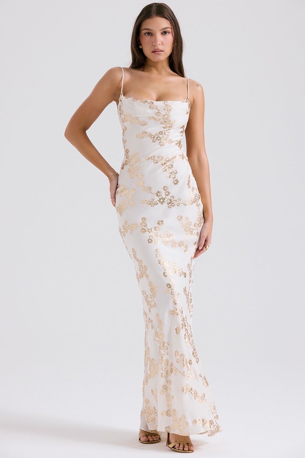 Capriana-White & Gold Jacquard Satin Gown