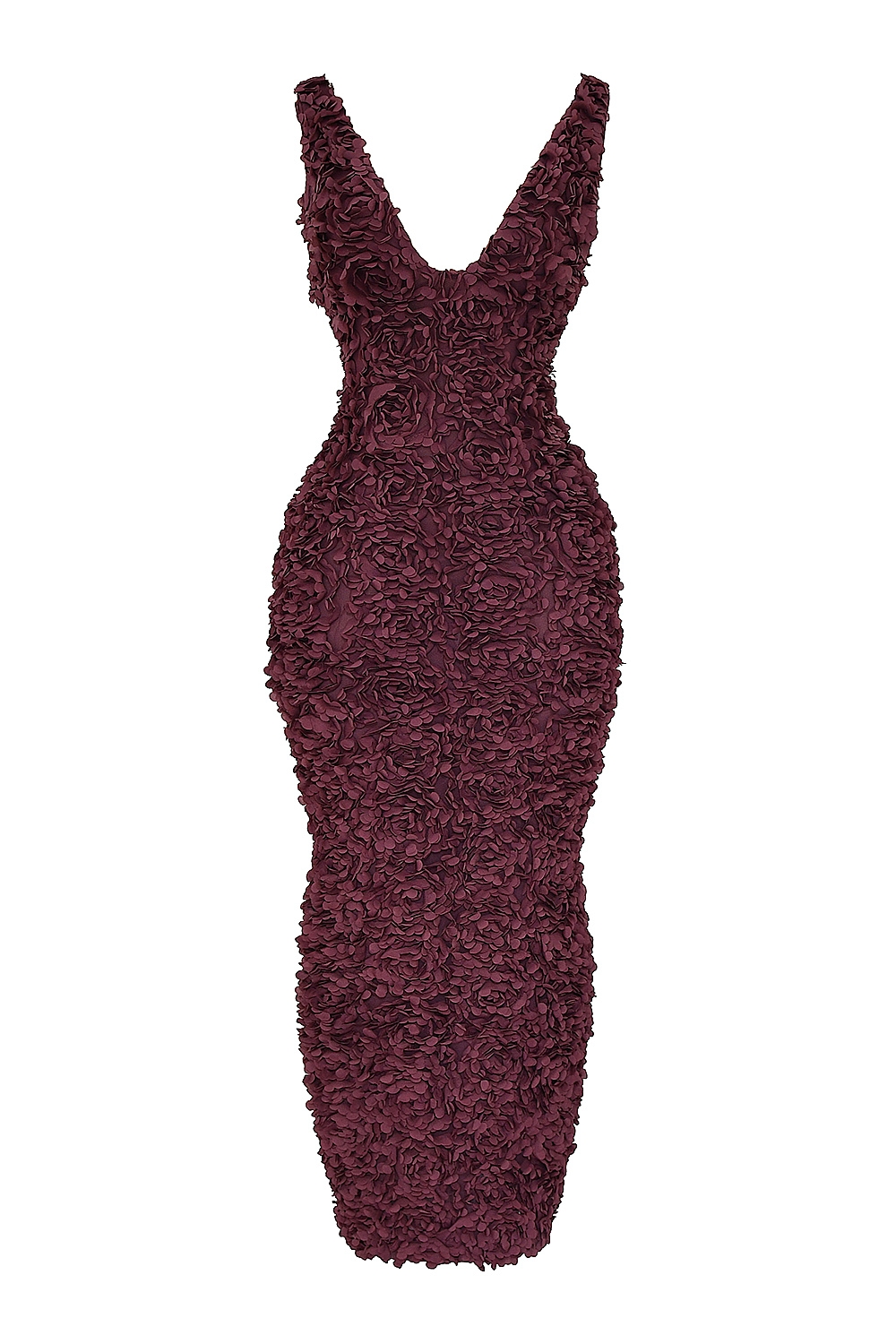 Carena-Merlot Plunge Floral Appliqué Maxi Dress