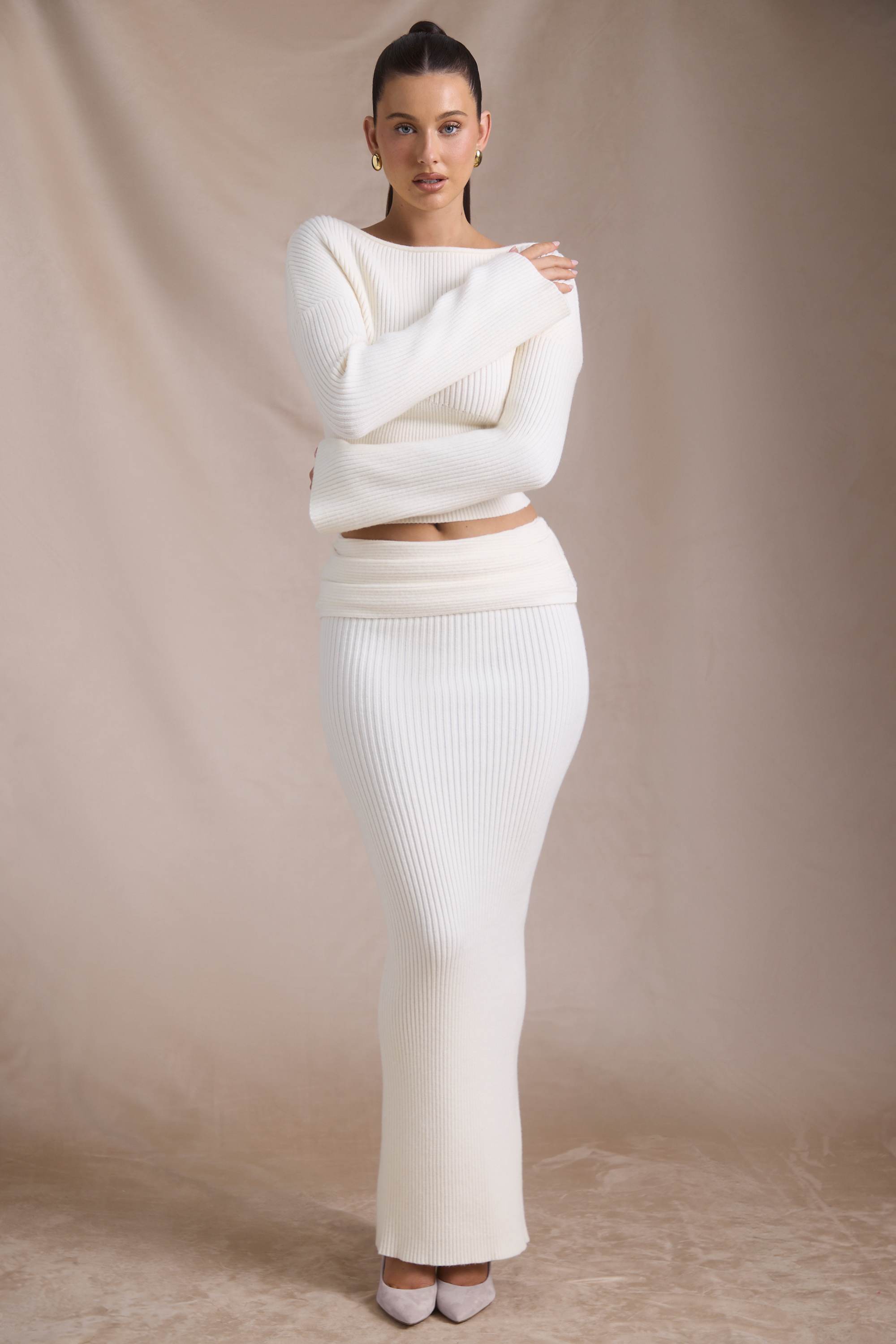 Wilona-Ribbed-Knit Slash-Neck Top in Ivory