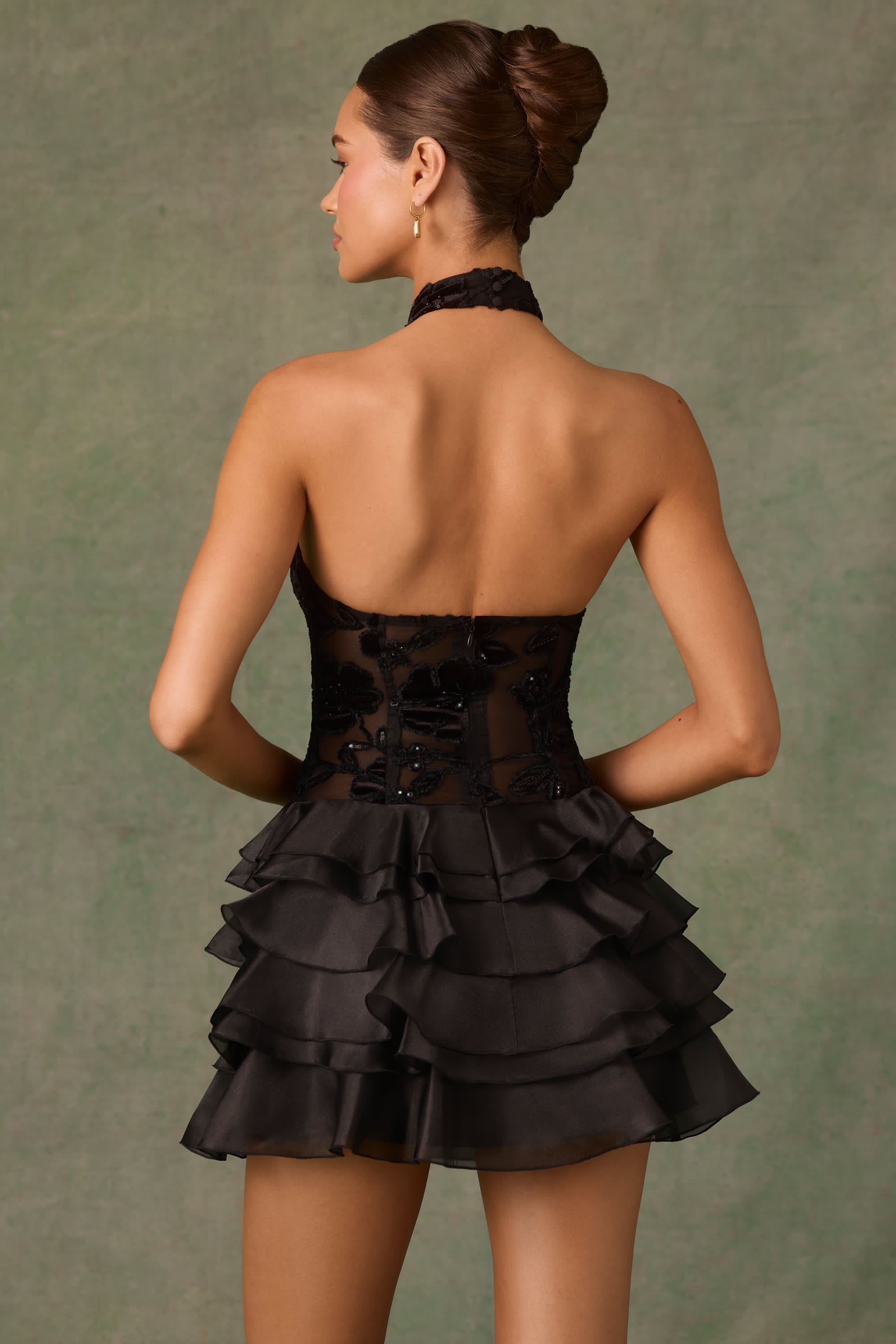 Petalia-Embellished Ruffled Halterneck Mini Dress in Black