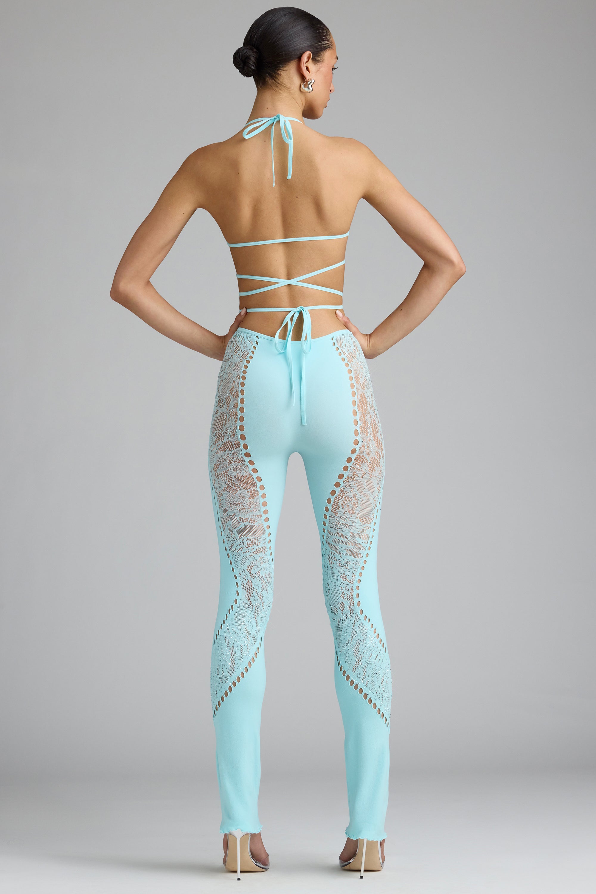Stevie-Tall Embellished Mid-Rise Flared Trousers in Ice Blue