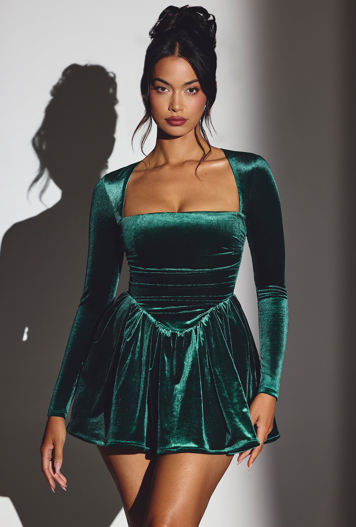 Tera-Velvet Long Sleeve Corset Mini Dress in Emerald Green