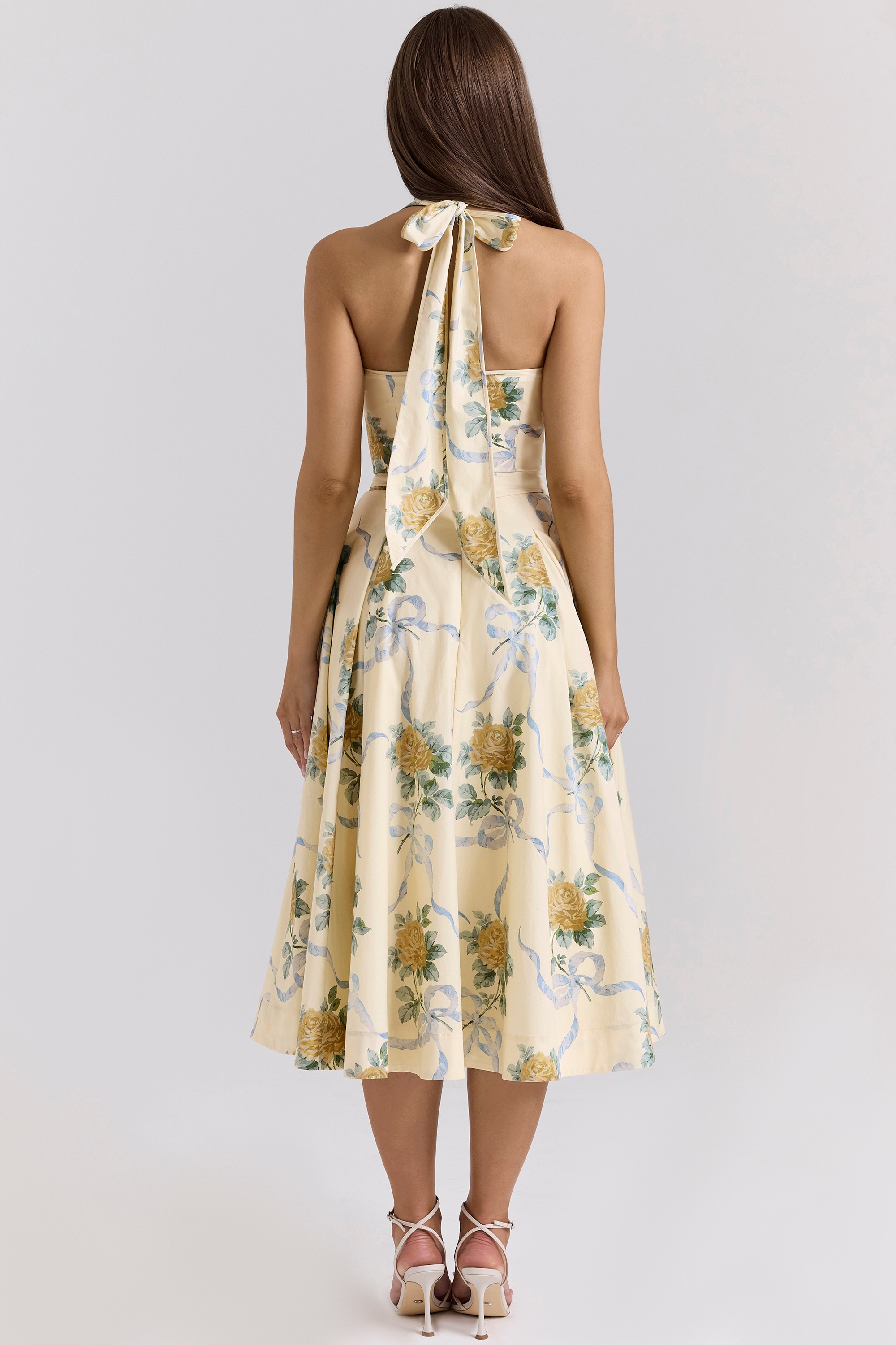Allena-Lemon Ribbon Stretch Cotton Halter Midi Sundress