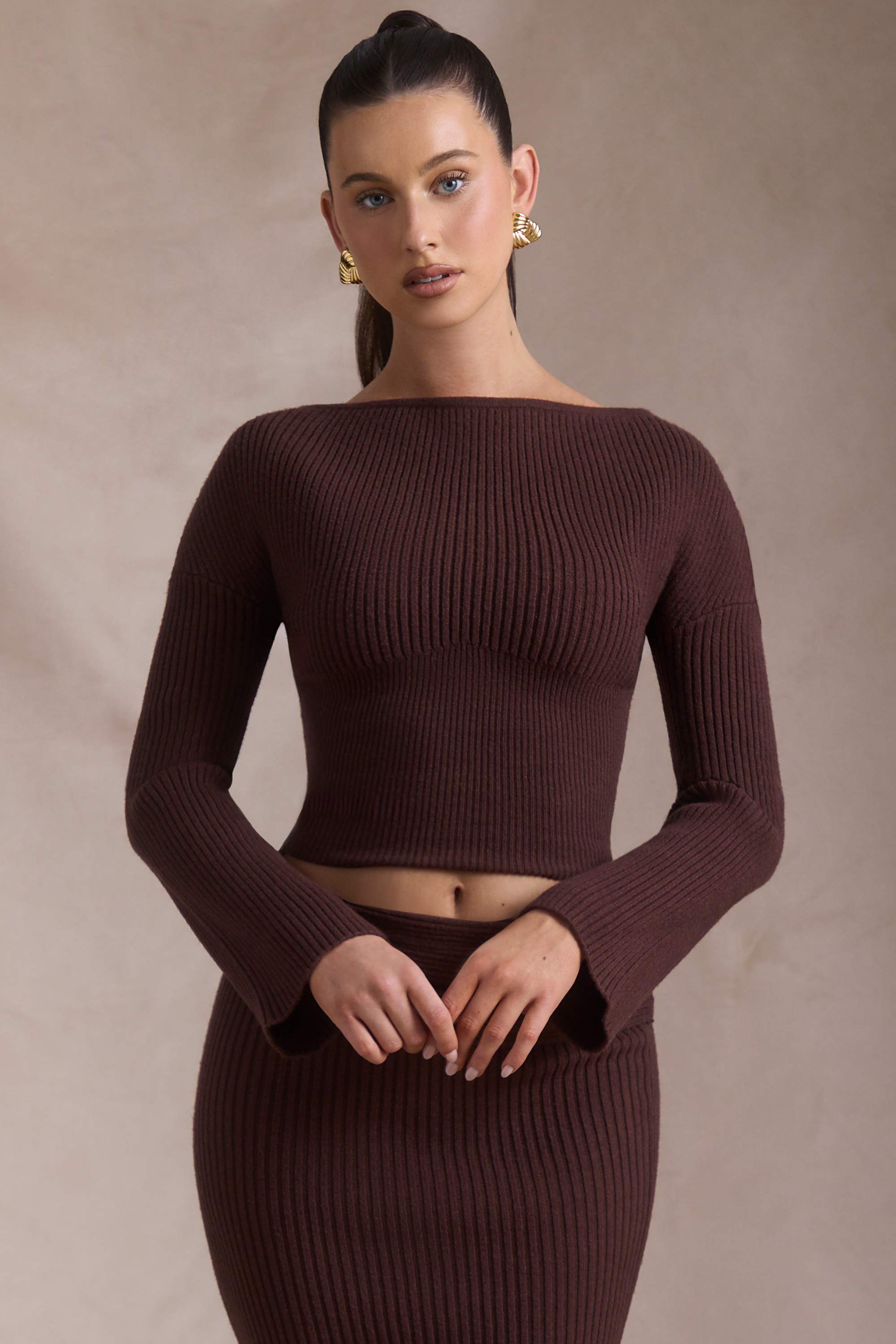 Wilona-Ribbed-Knit Slash-Neck Top in Espresso