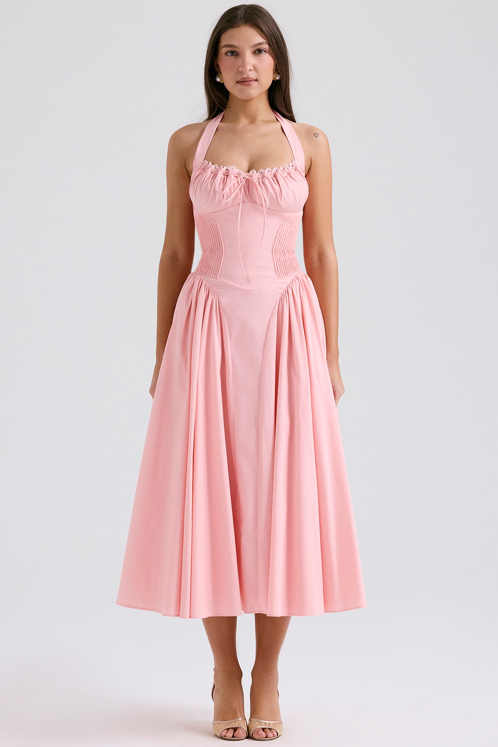 Adabella-Rose Pink Cotton Halter Midi Sundress