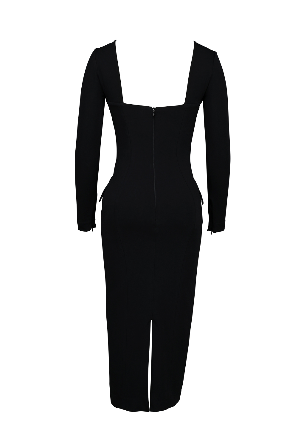 Ella-Black Stretch Crepe Long Sleeve Midi Dress