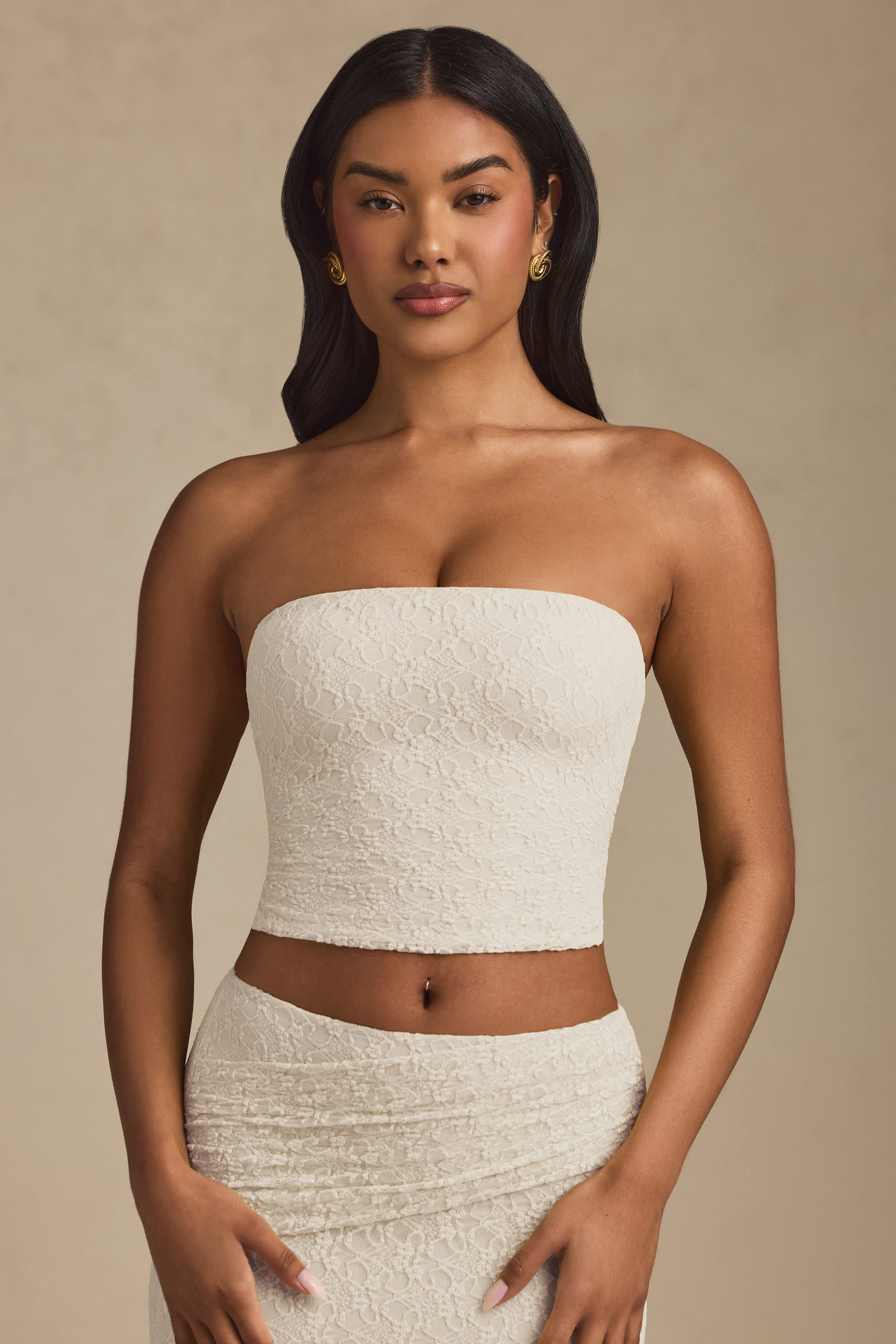 Tamia-Ruched Strapless Lace Top in Ivory