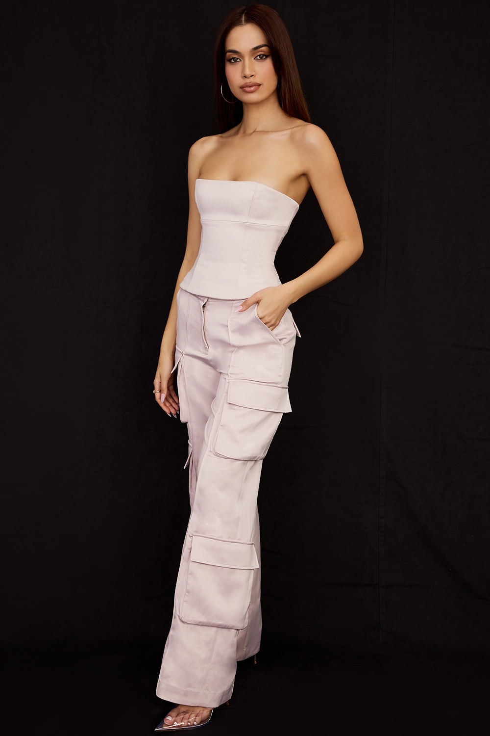 Daria-Crystal Satin Straight Leg Cargo Trousers
