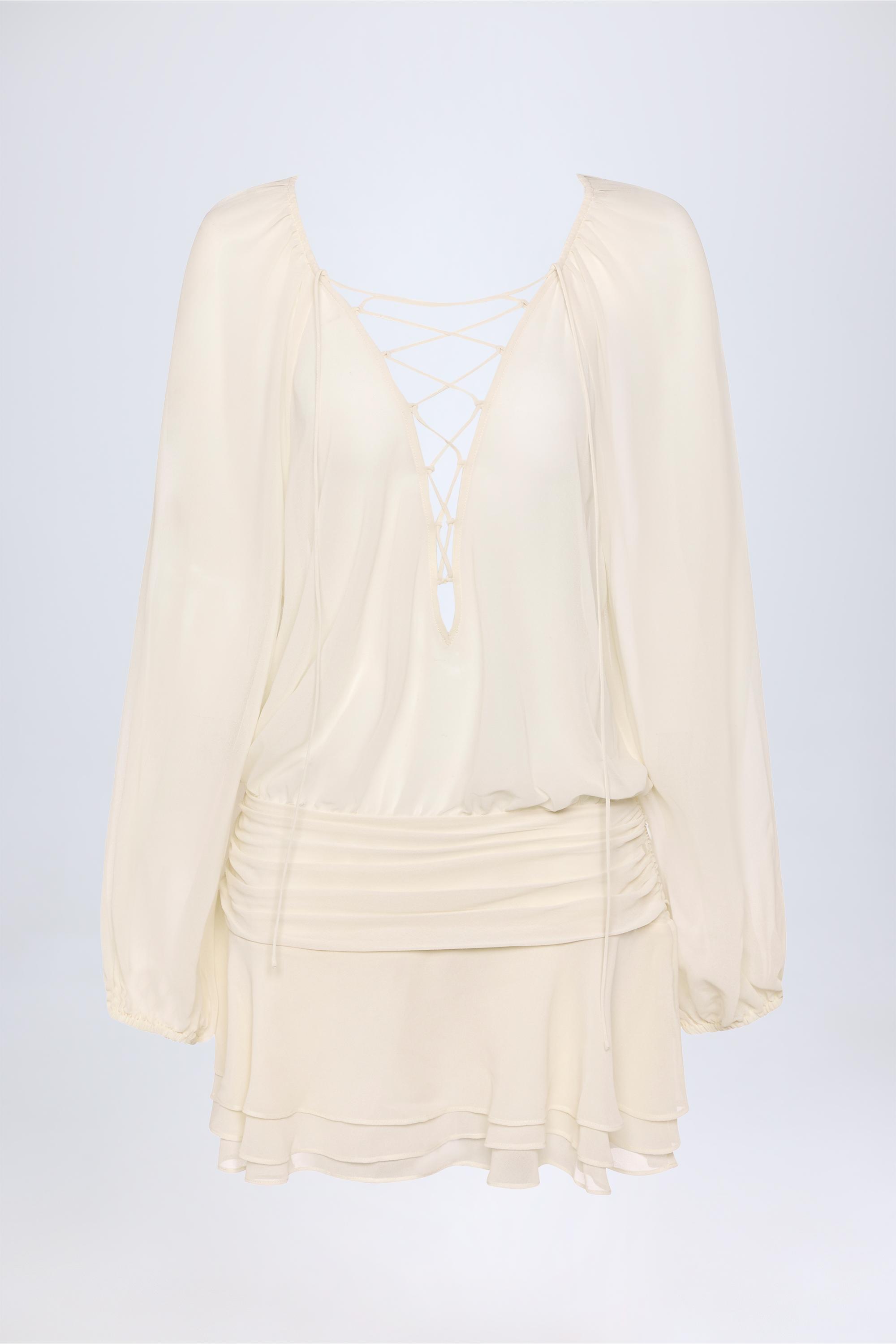 Avalon-Lace-Up Balloon-Sleeve Mini Dress in Ivory