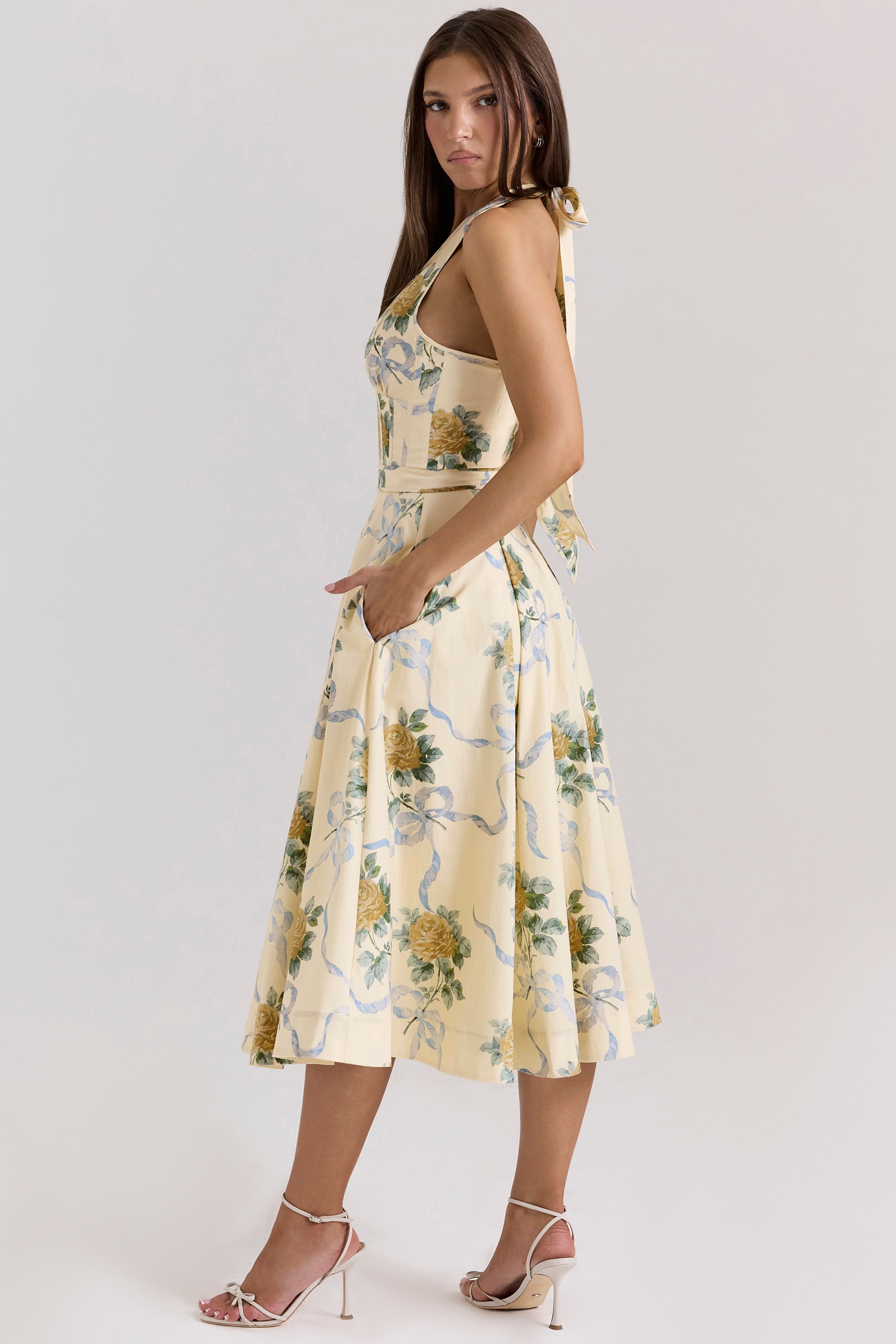 Allena-Lemon Ribbon Stretch Cotton Halter Midi Sundress