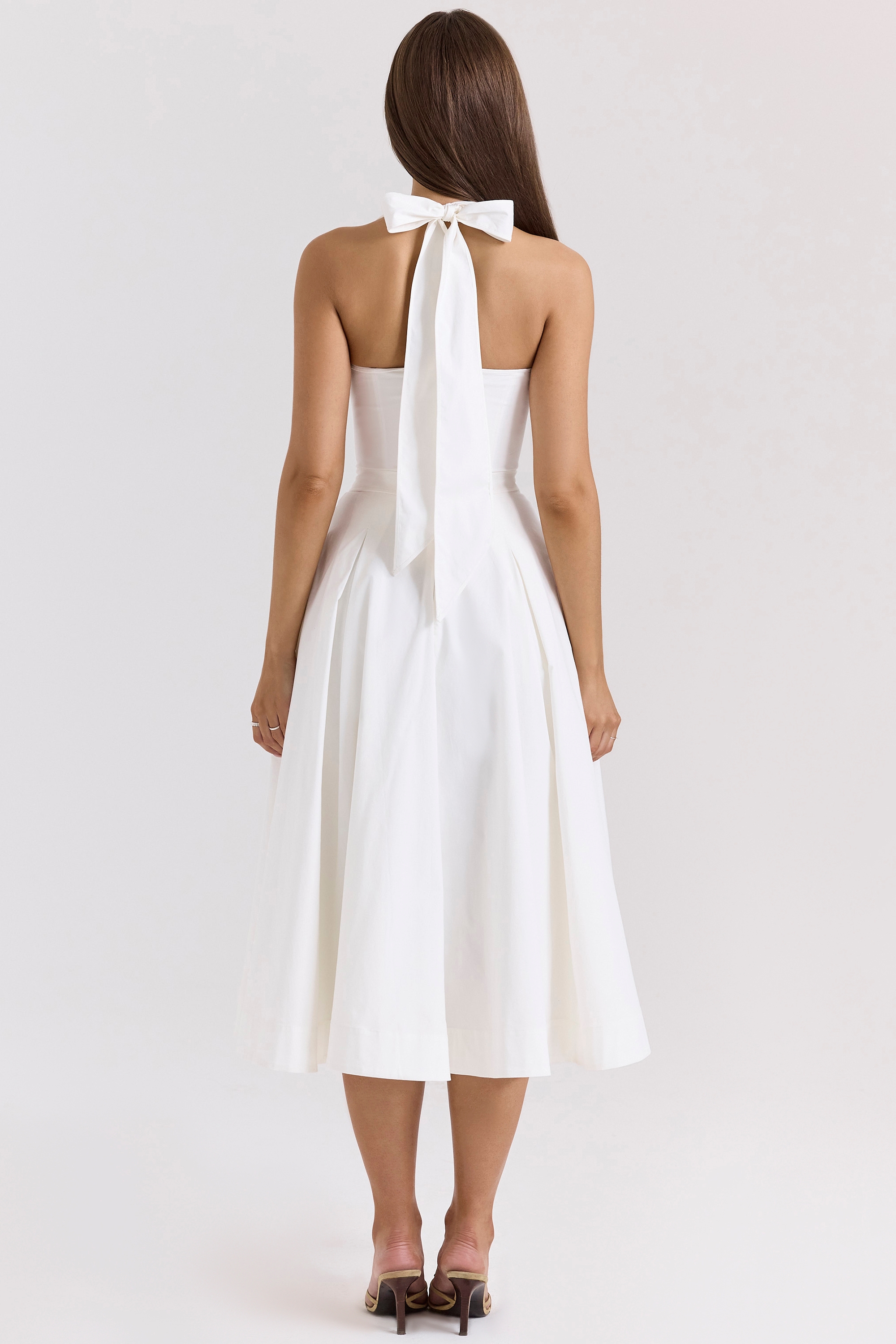 Allena-White Stretch Cotton Halter Midi Sundress