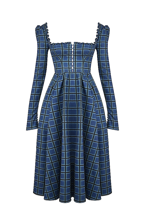 Delia-Blue Tartan Midi Dress