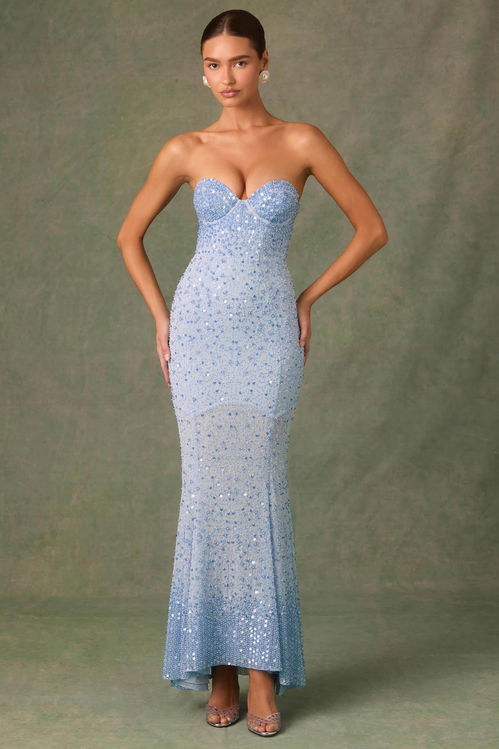 Vesna-Embellished Sweetheart-Neck Fishtail Gown in Sky Blue