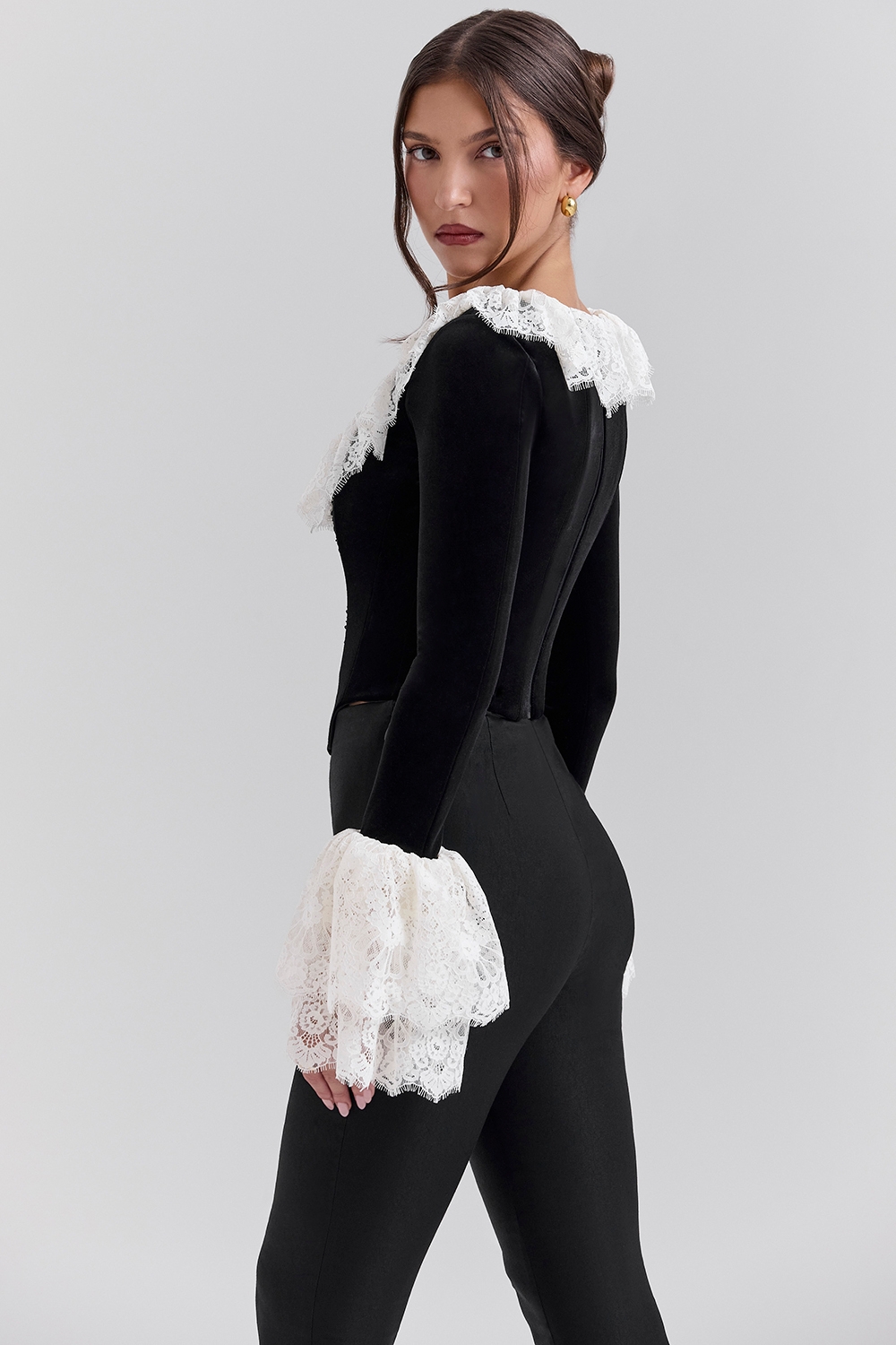 Jacinda-Black Velvet Lace Trimmed Corset Top - SALE