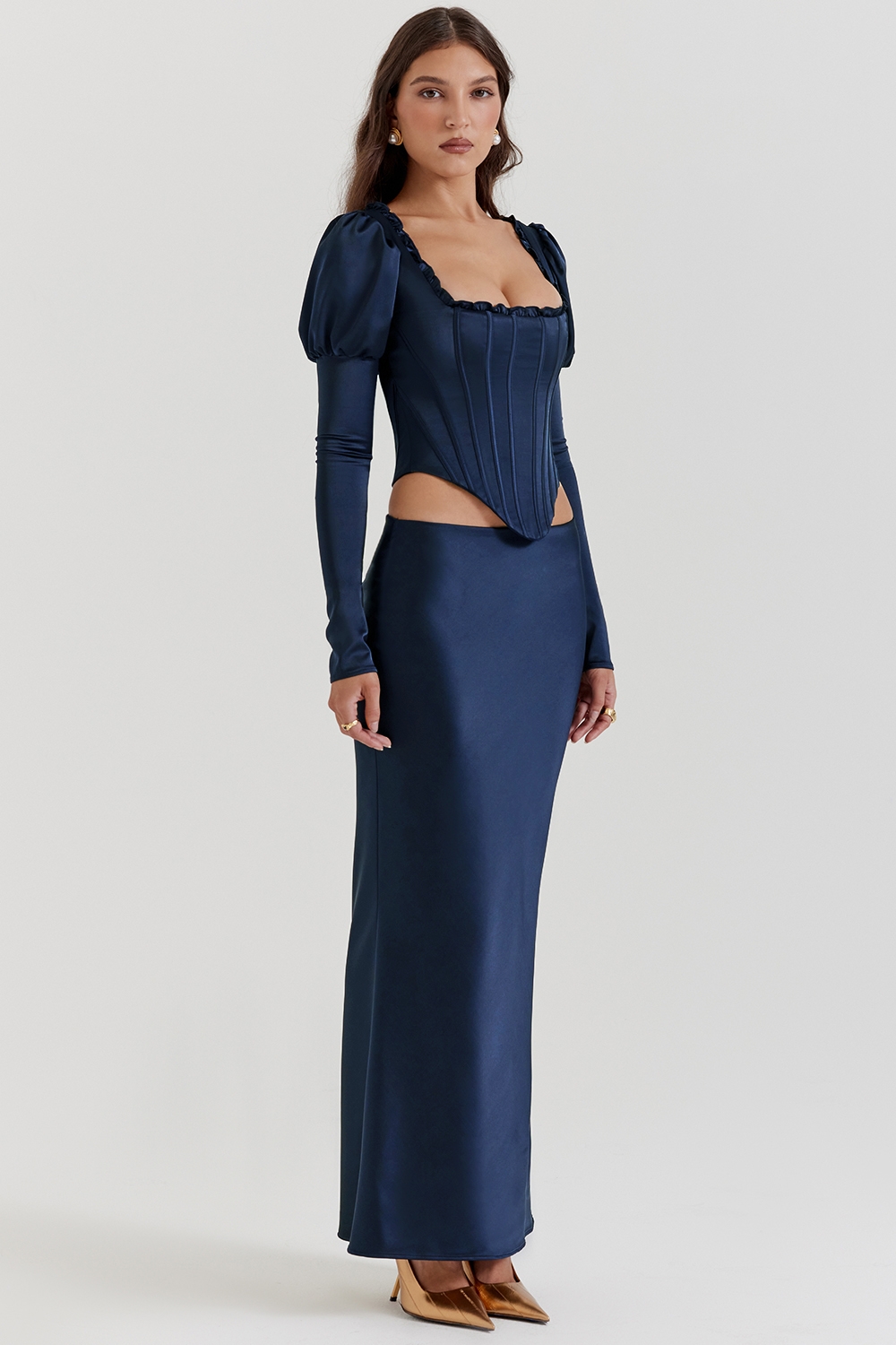 Charlene-Navy Satin Bias Cut Maxi Skirt