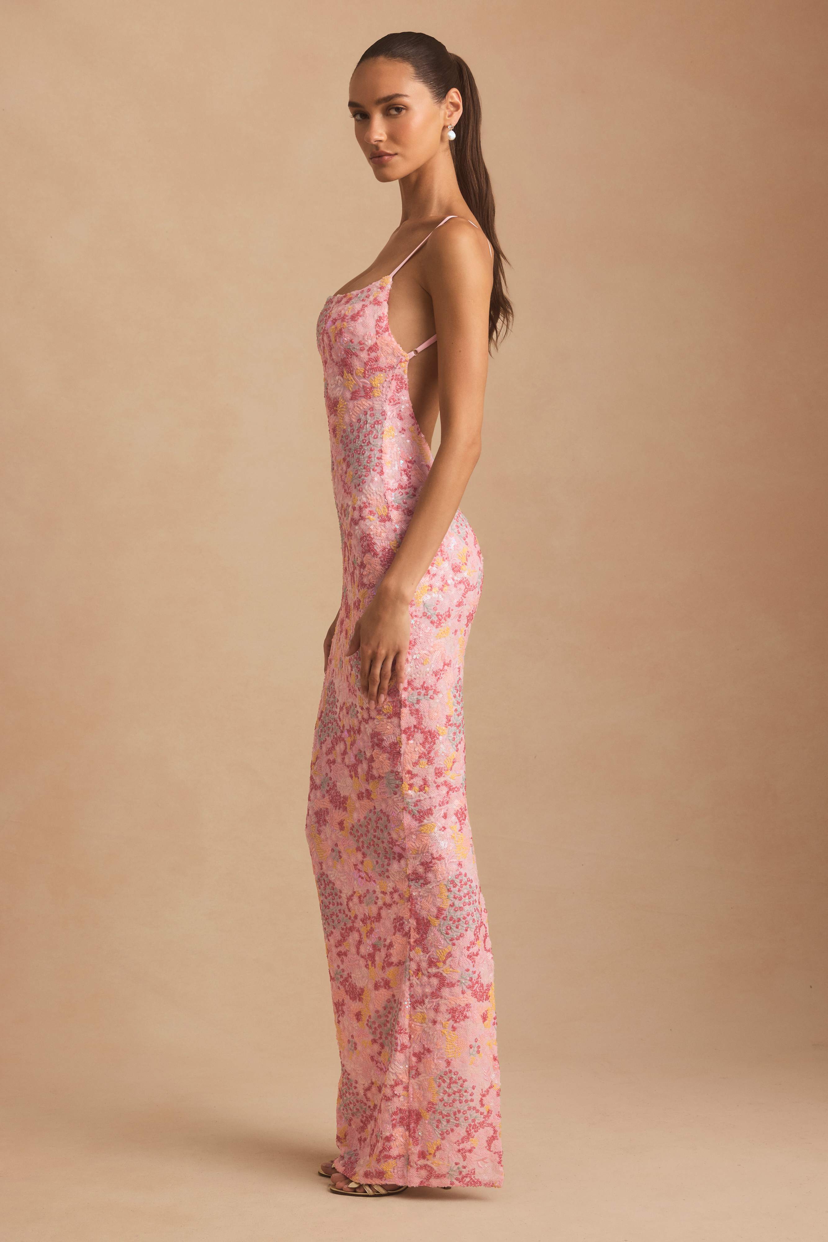 Tavira-Embellished Scoop-Neck Backless Maxi Dress in Pink