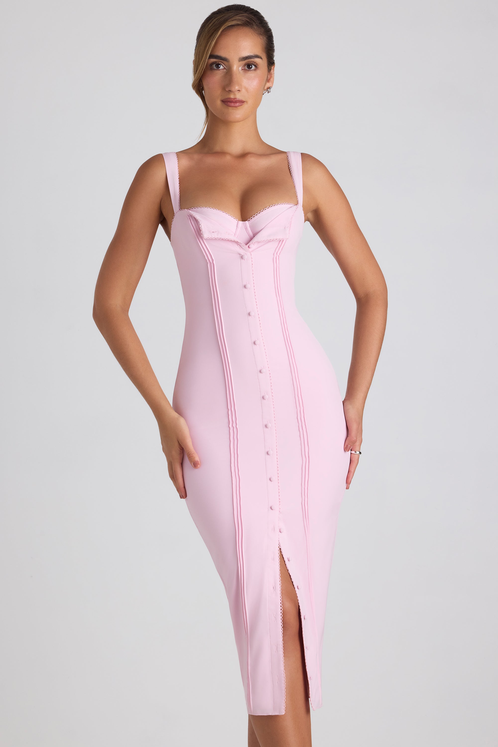 Theodora-Button-Detail Midaxi Dress in Soft Pink