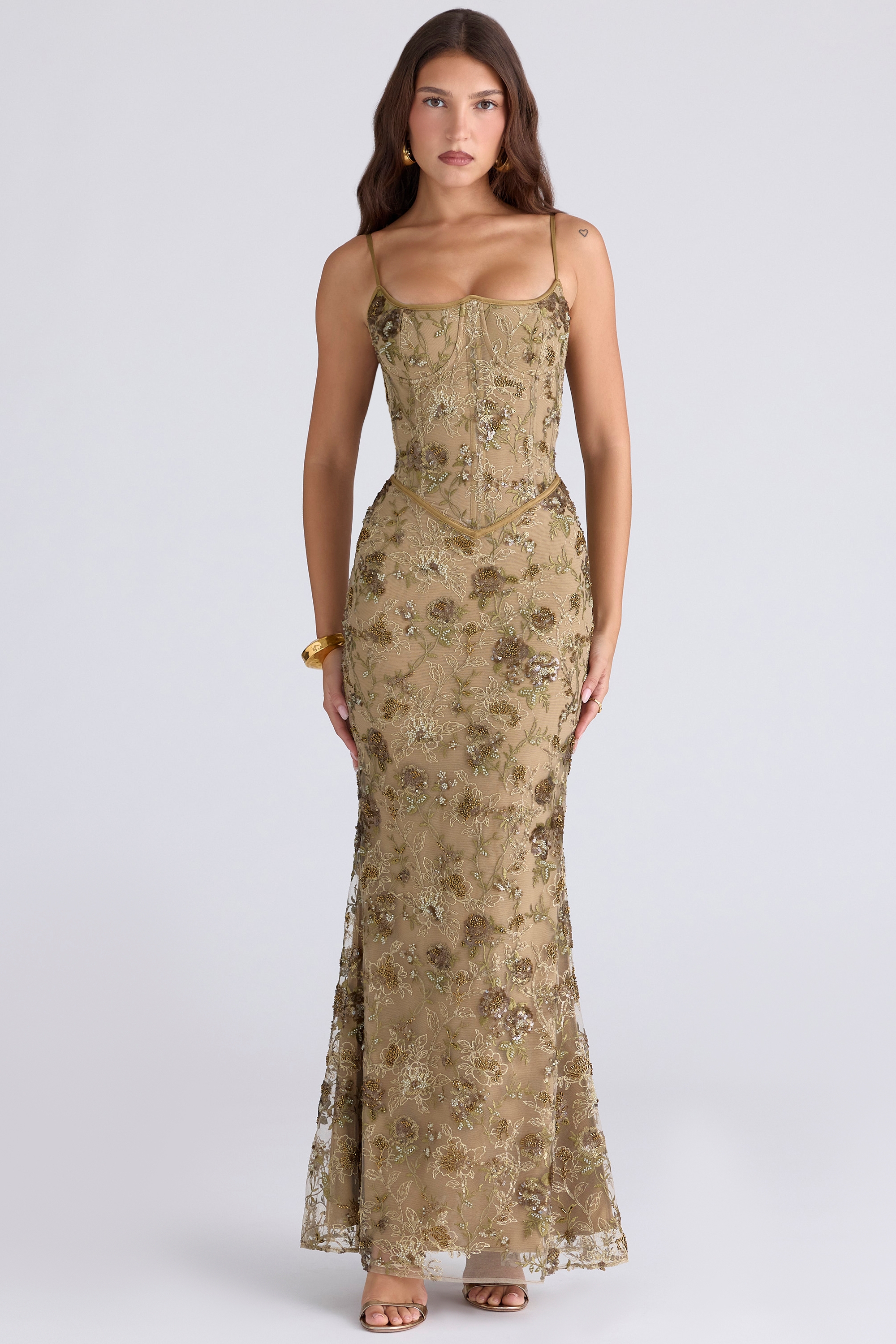 Naima-Olive Bronze Hand Beaded Embellished Corset Maxi Dress - Limited Edition