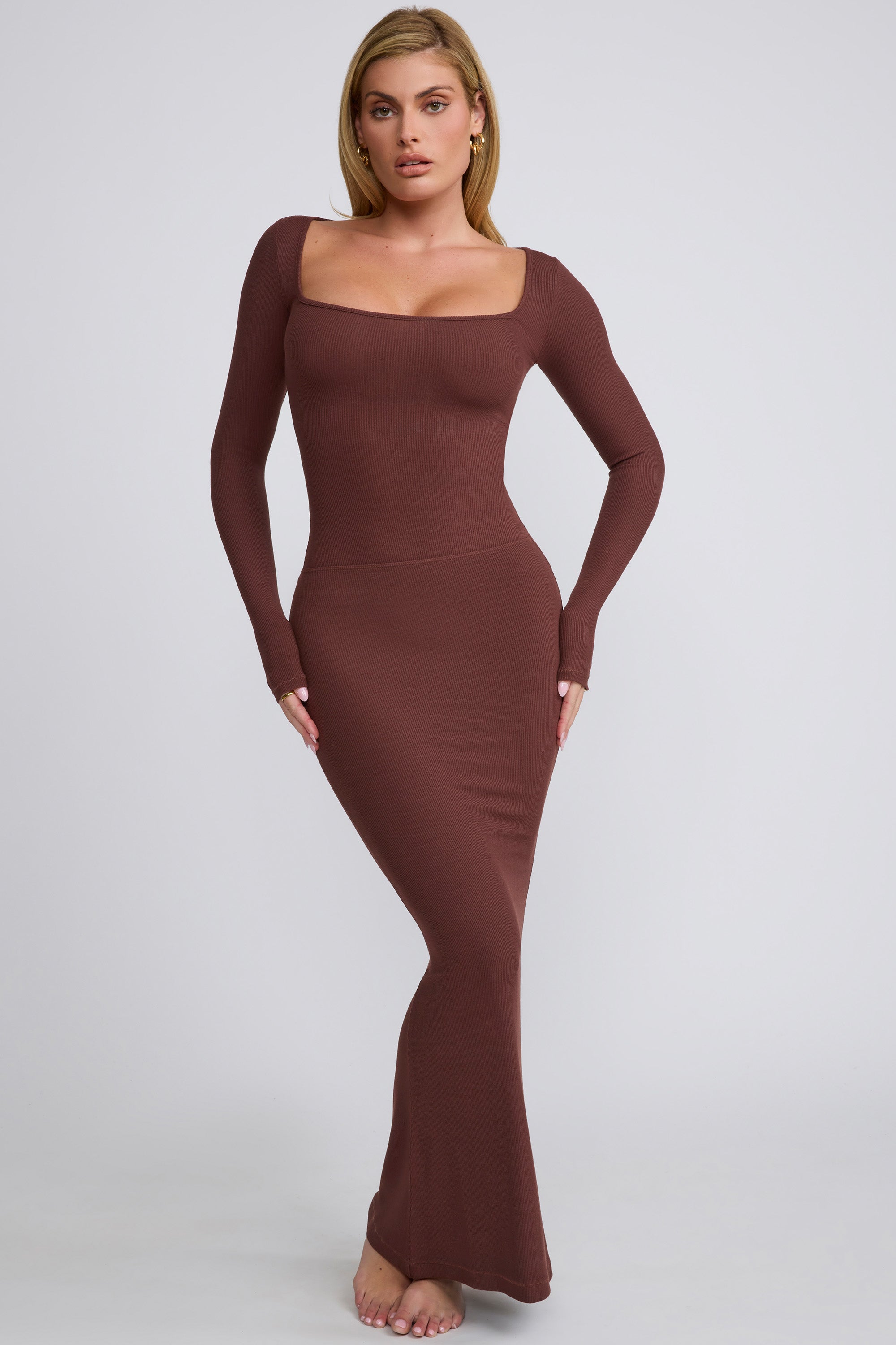 Tia-Ribbed Modal  Long Sleeve Top in Chocolate