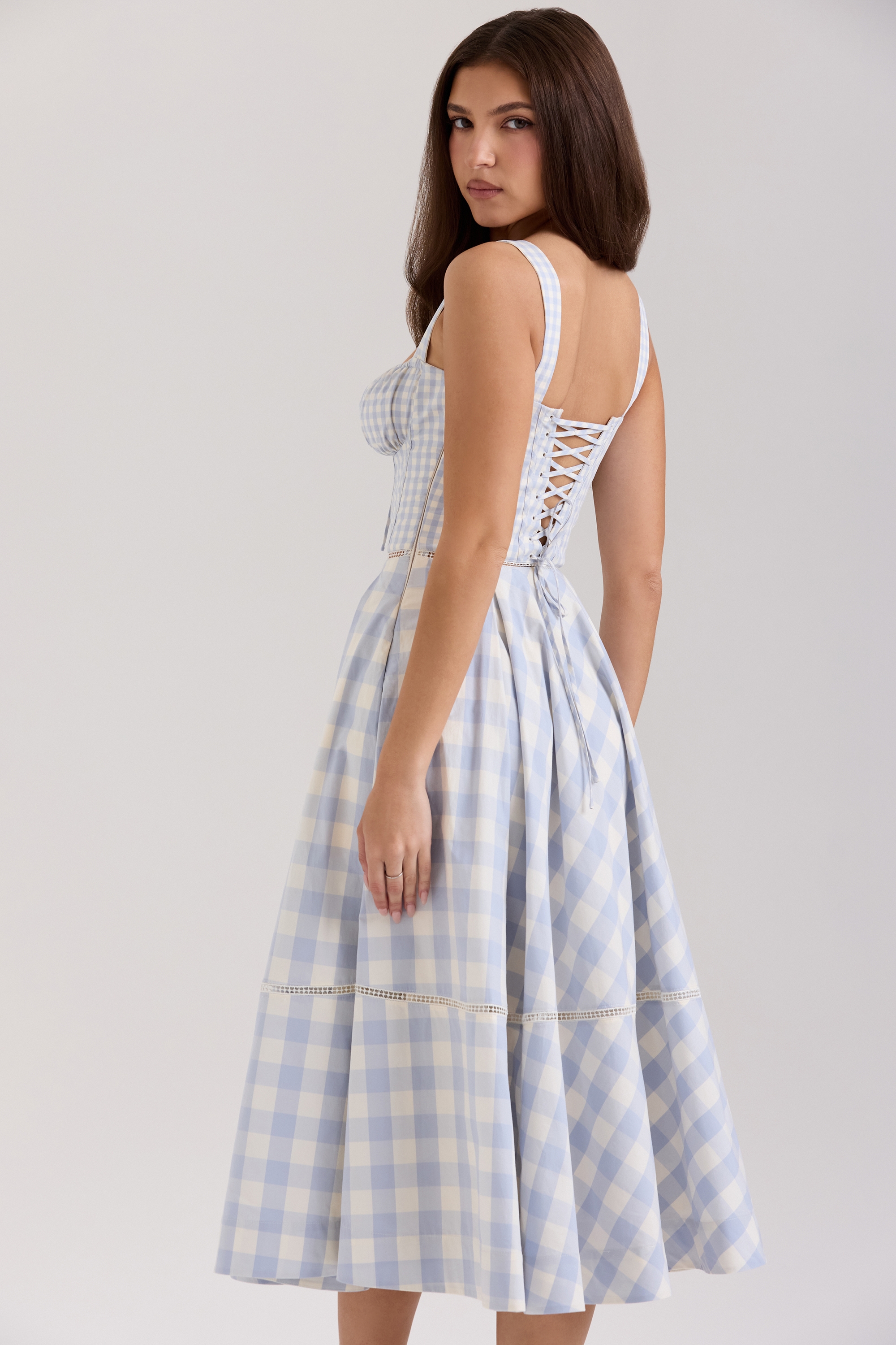Chiarina-Light Blue Gingham Stretch Cotton Midi Dress