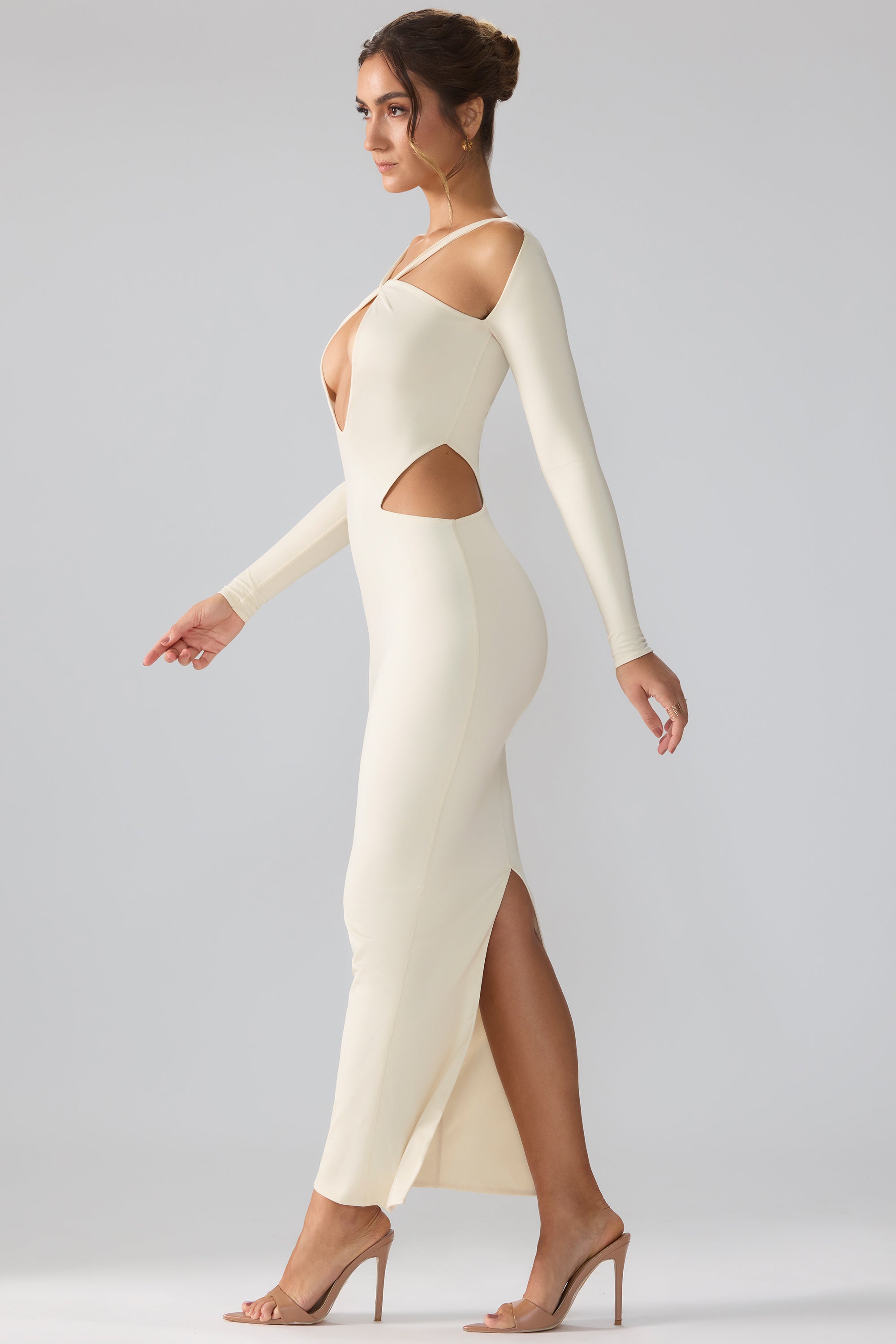 Tindra-Premium Jersey Long Sleeve Cut Out Maxi Dress in Ivory