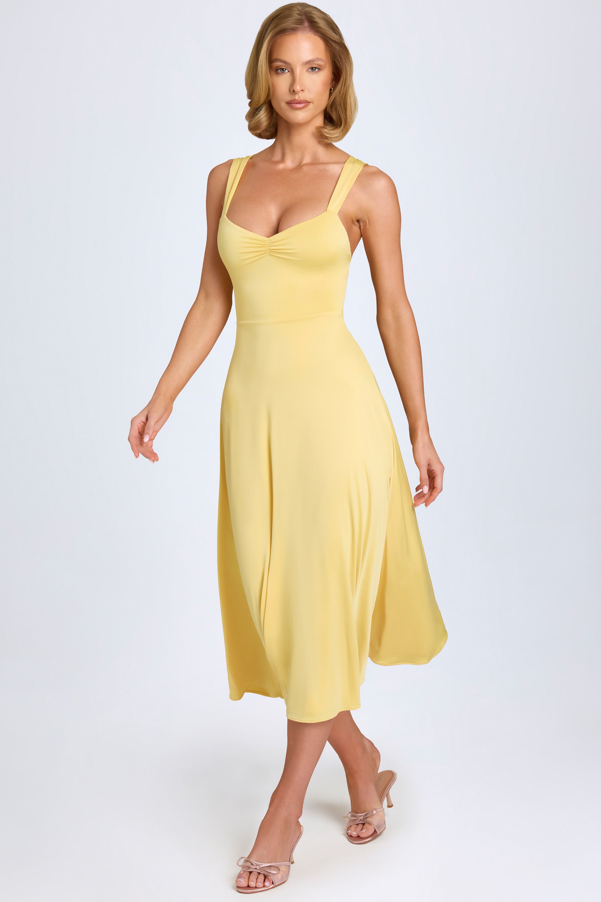 Thandie-Sweetheart-Neck Ruched Midaxi Dress in Pastel Yellow