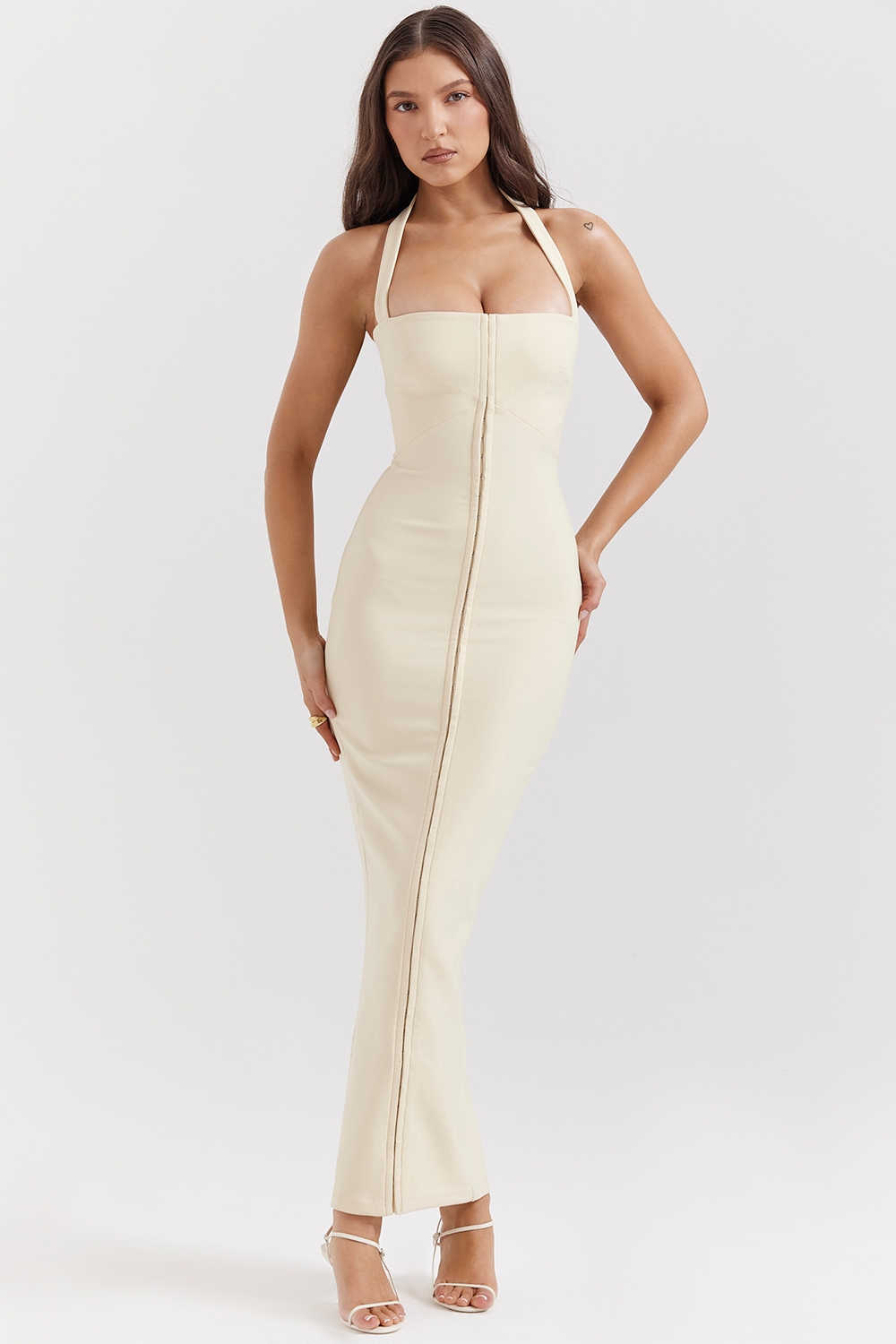 Mia-Ecru Halter Maxi Dress