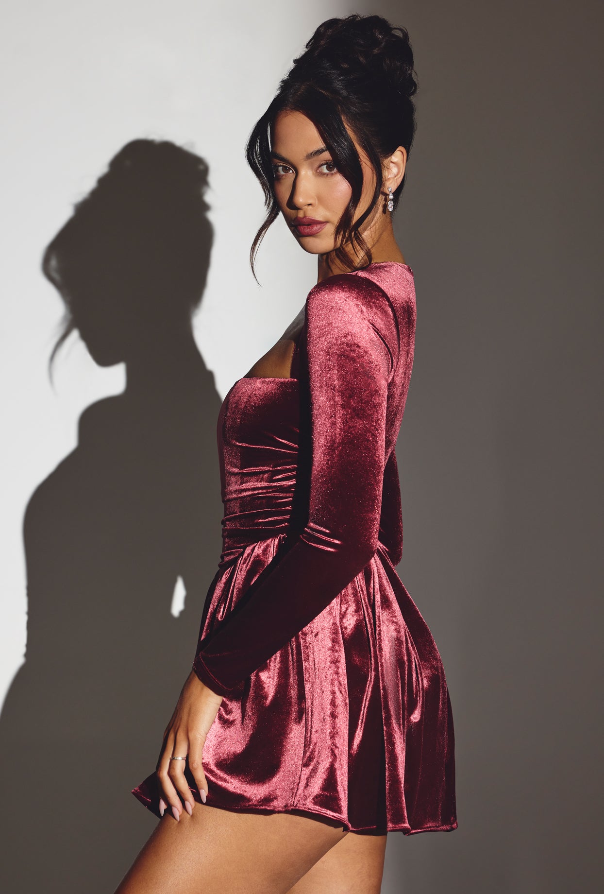 Tera-Velvet Long Sleeve Corset Mini Dress in Wine