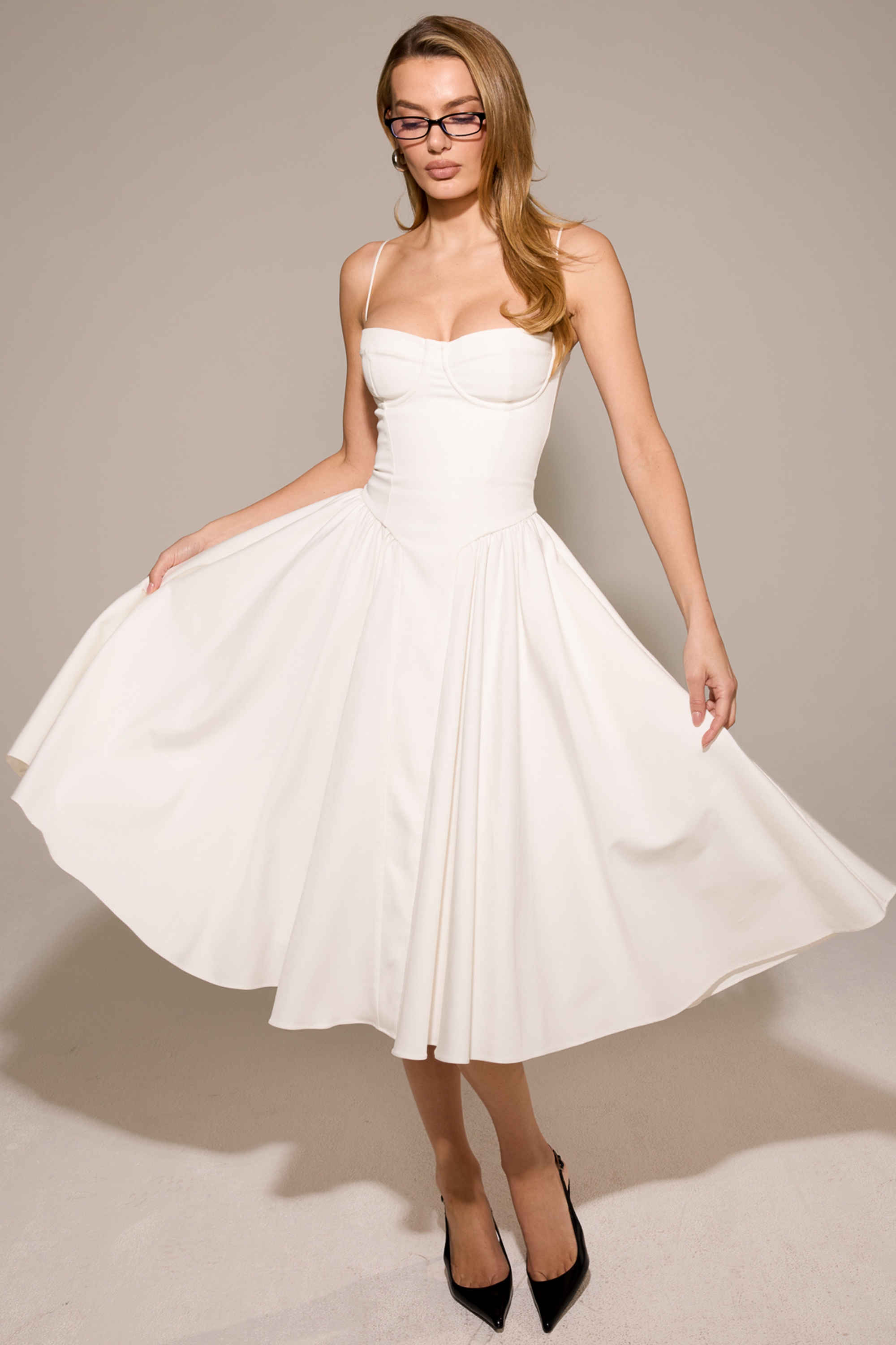 Samaria-White Corset Midi Dress