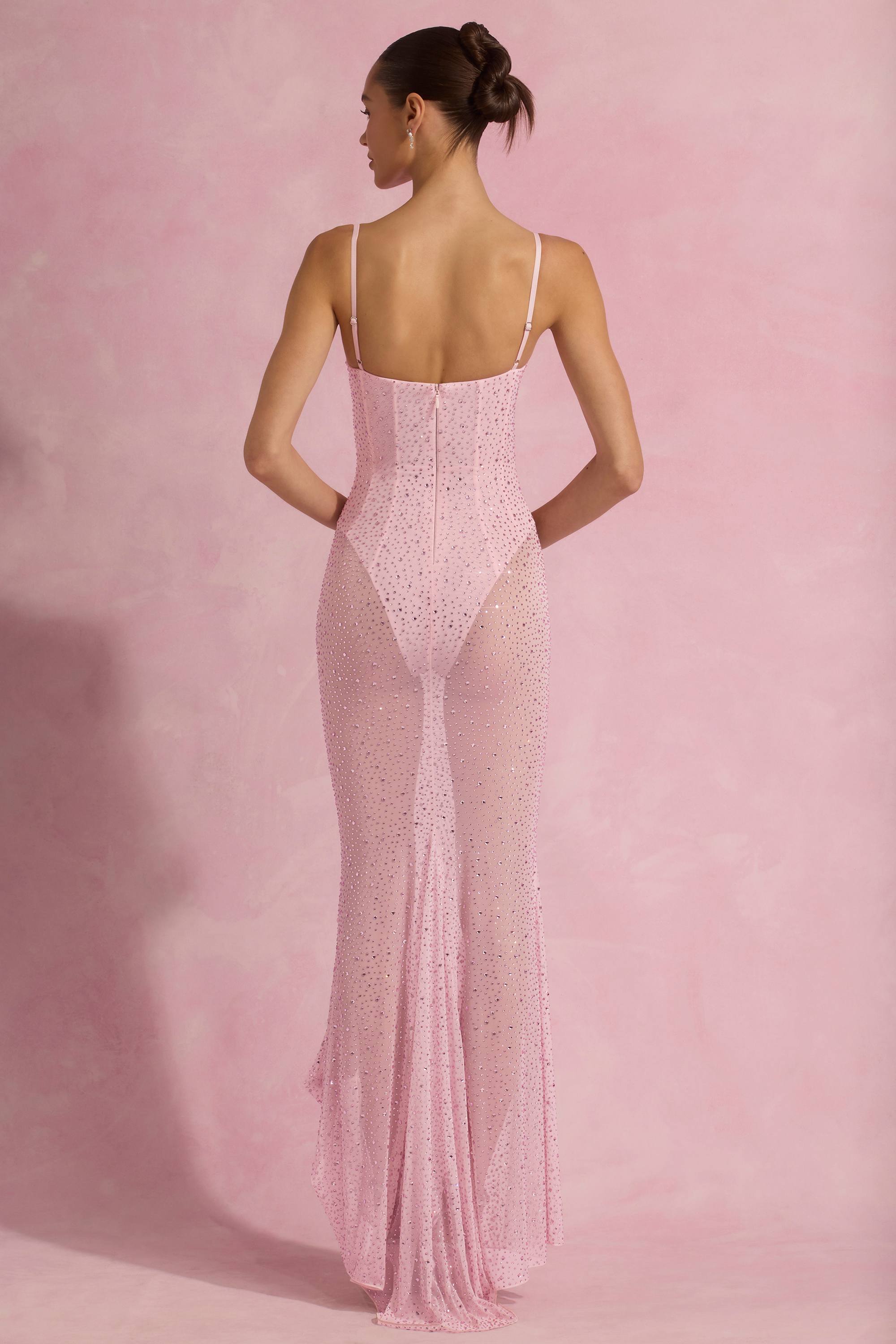 Alara-Semi-Sheer Embellished Corset Gown in Pink