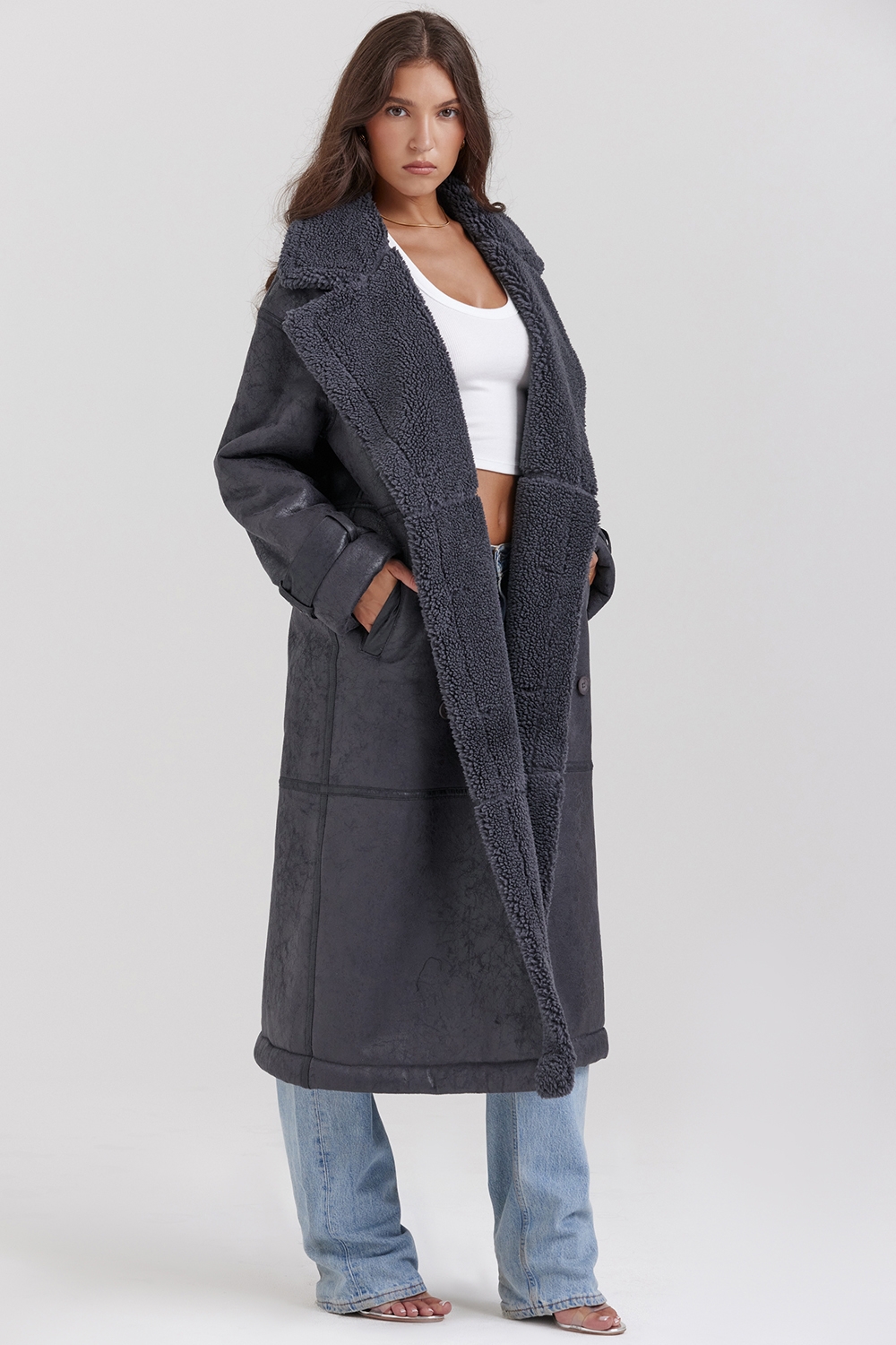 Deiji-Grey Vegan Shearling Coat