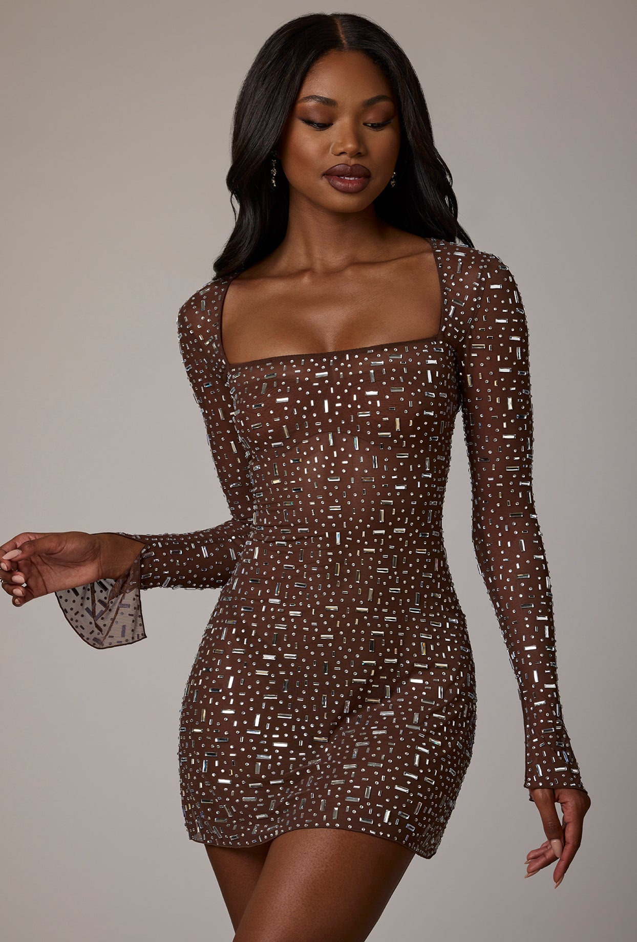 Zeta-Sheer Embellished Long Sleeve A-Line Mini Dress in Deep Cocoa