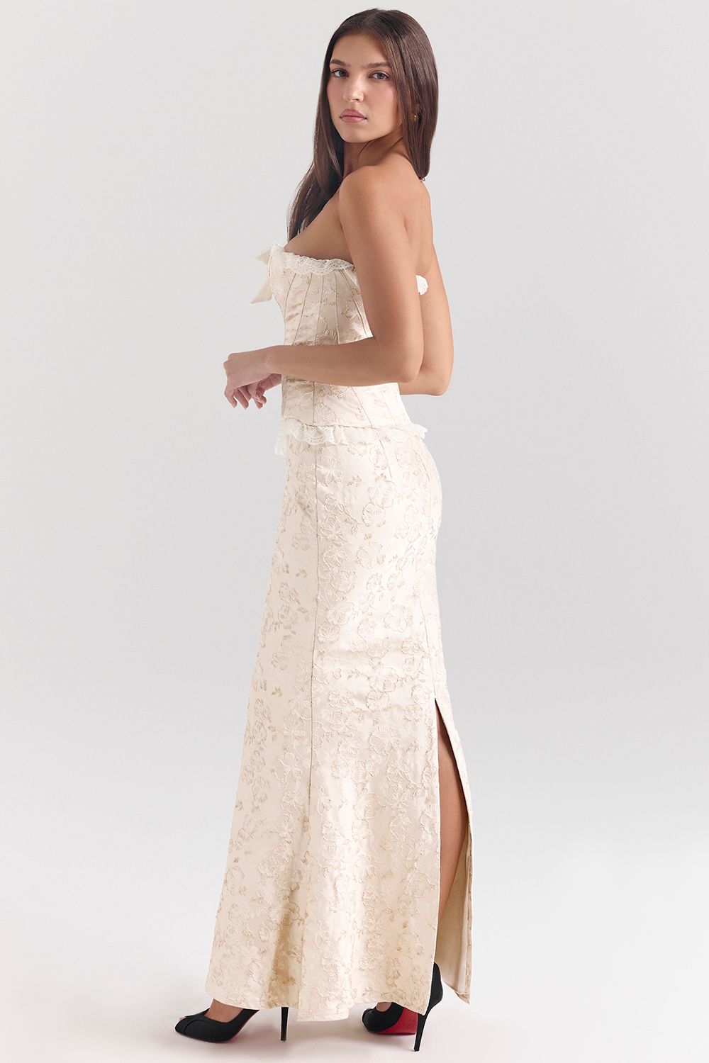 Mara-Ivory Metallic Jacquard Maxi Skirt