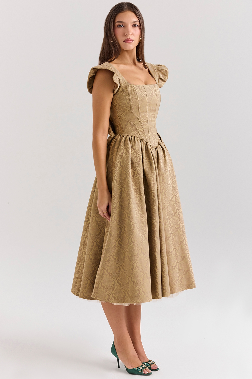 Alessandra-Gold Jacquard Midi Dress with Detachable Bow - SALE