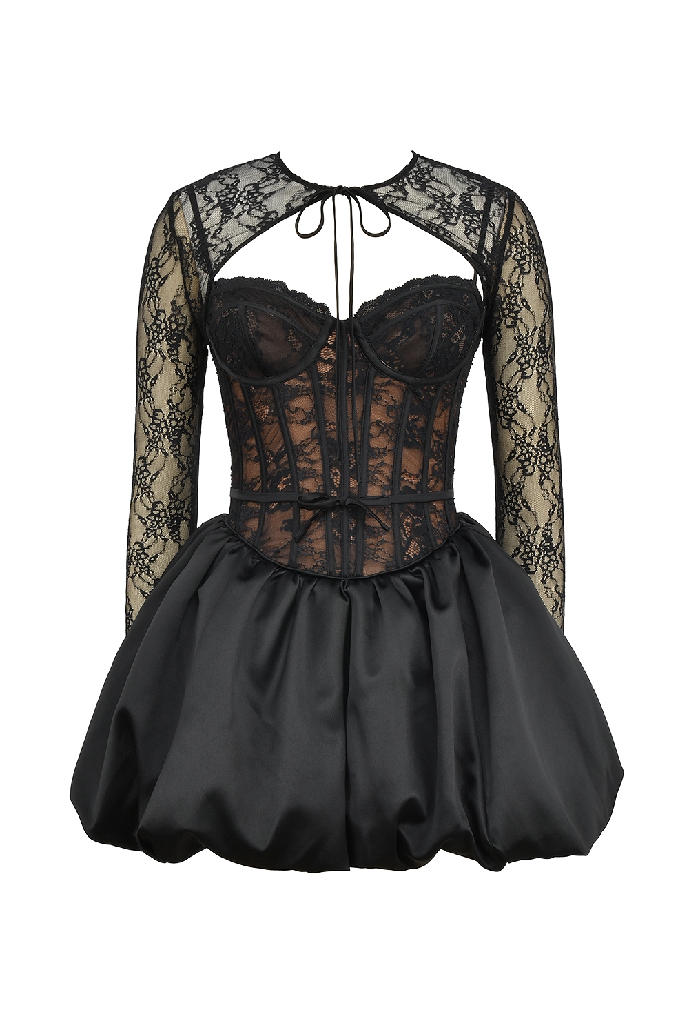 Beauty-Black Lace Puffball Mini Dress