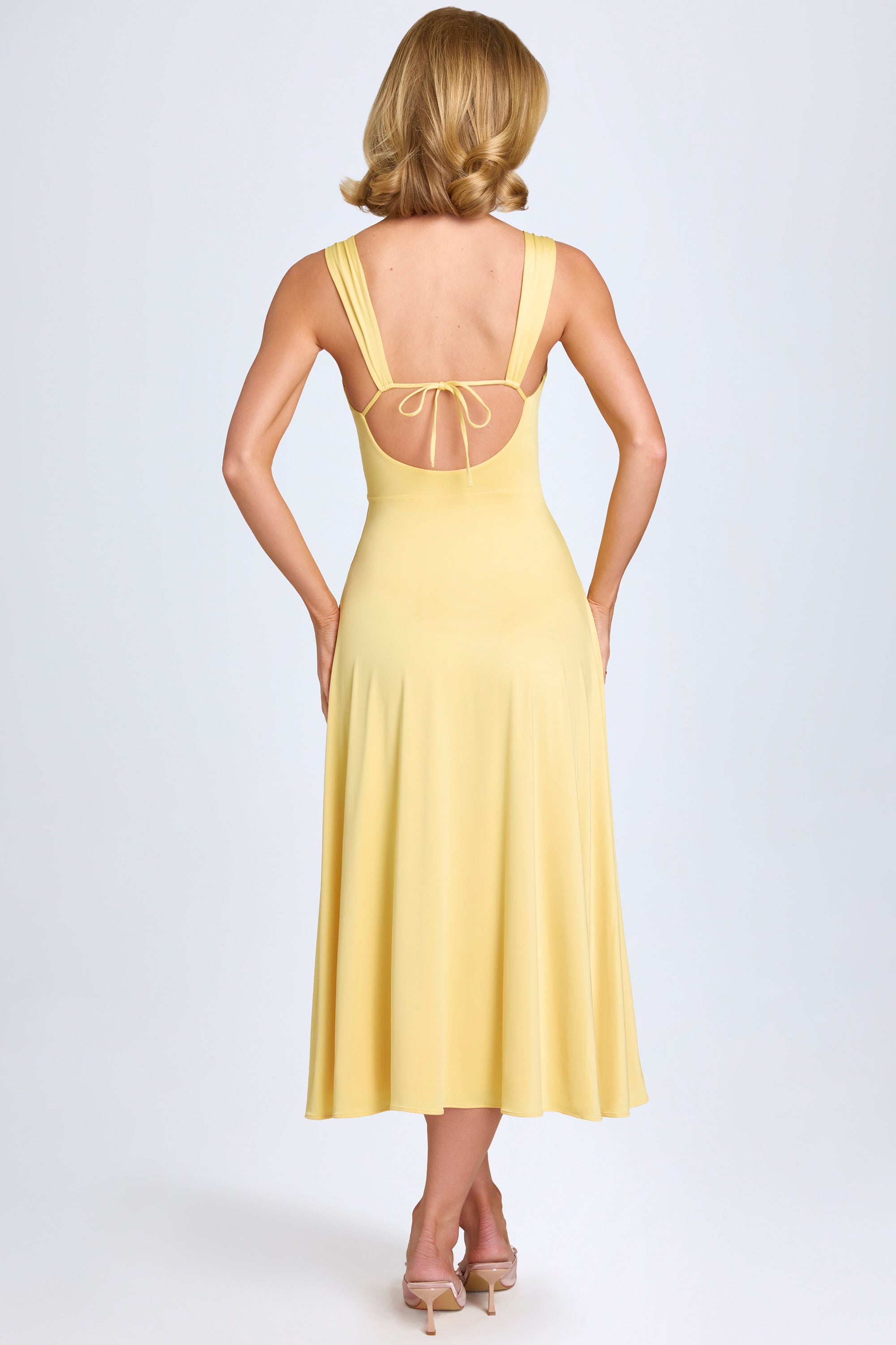 Thandie-Sweetheart-Neck Ruched Midaxi Dress in Pastel Yellow