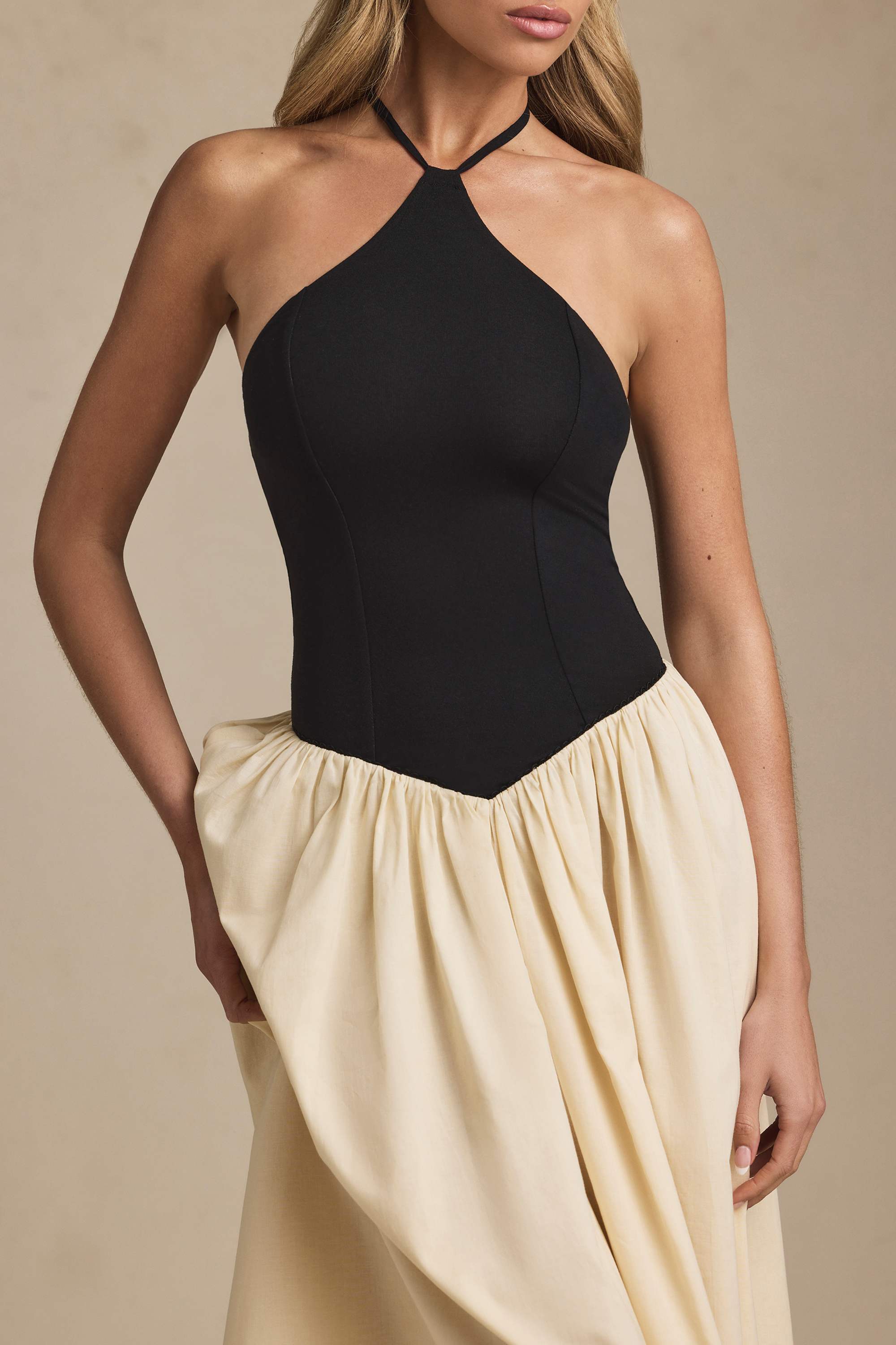 Thalira-Halterneck A-Line Midaxi Dress in Black