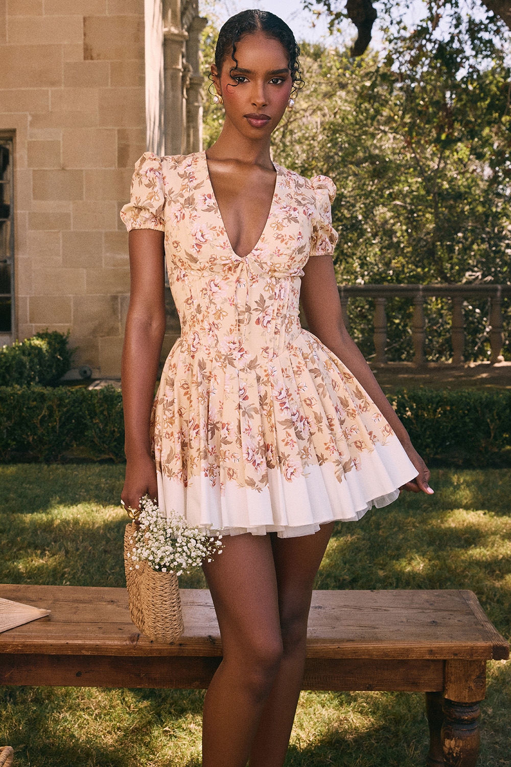 Imani-Honeyflower Print Pleated Cotton Mini Dress