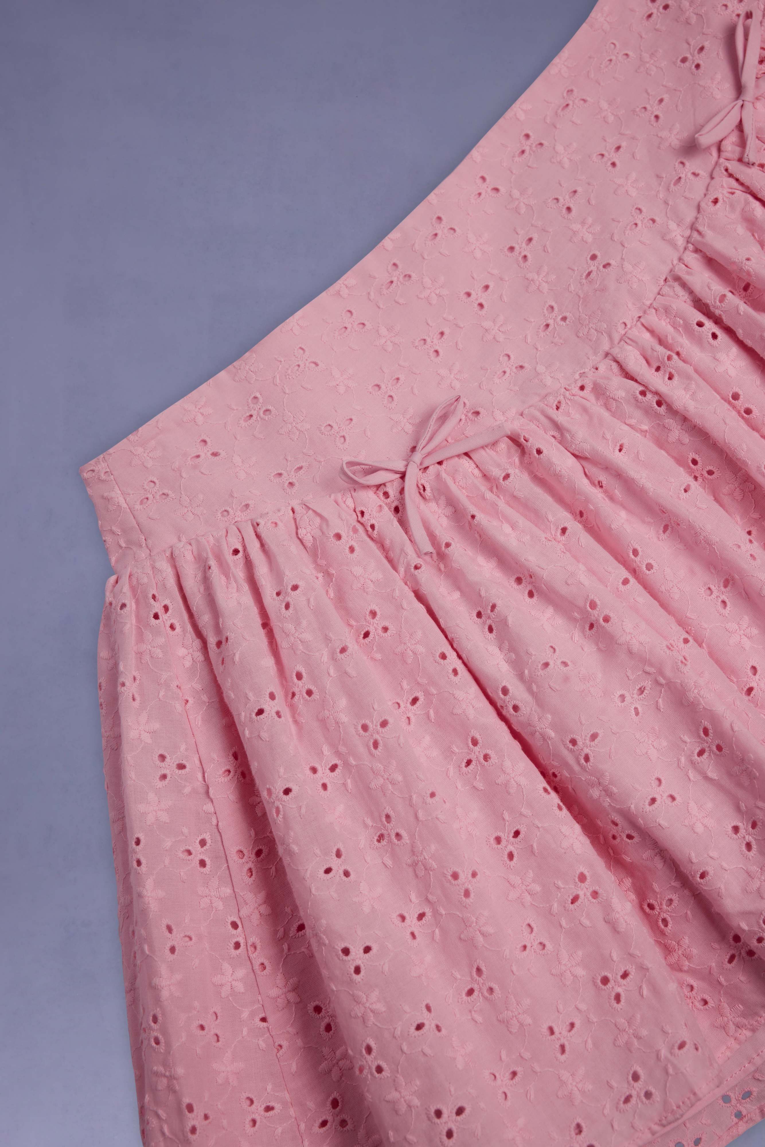 Thia-Bow-Detail Broderie Anglaise Mini Skirt in Soft Pink
