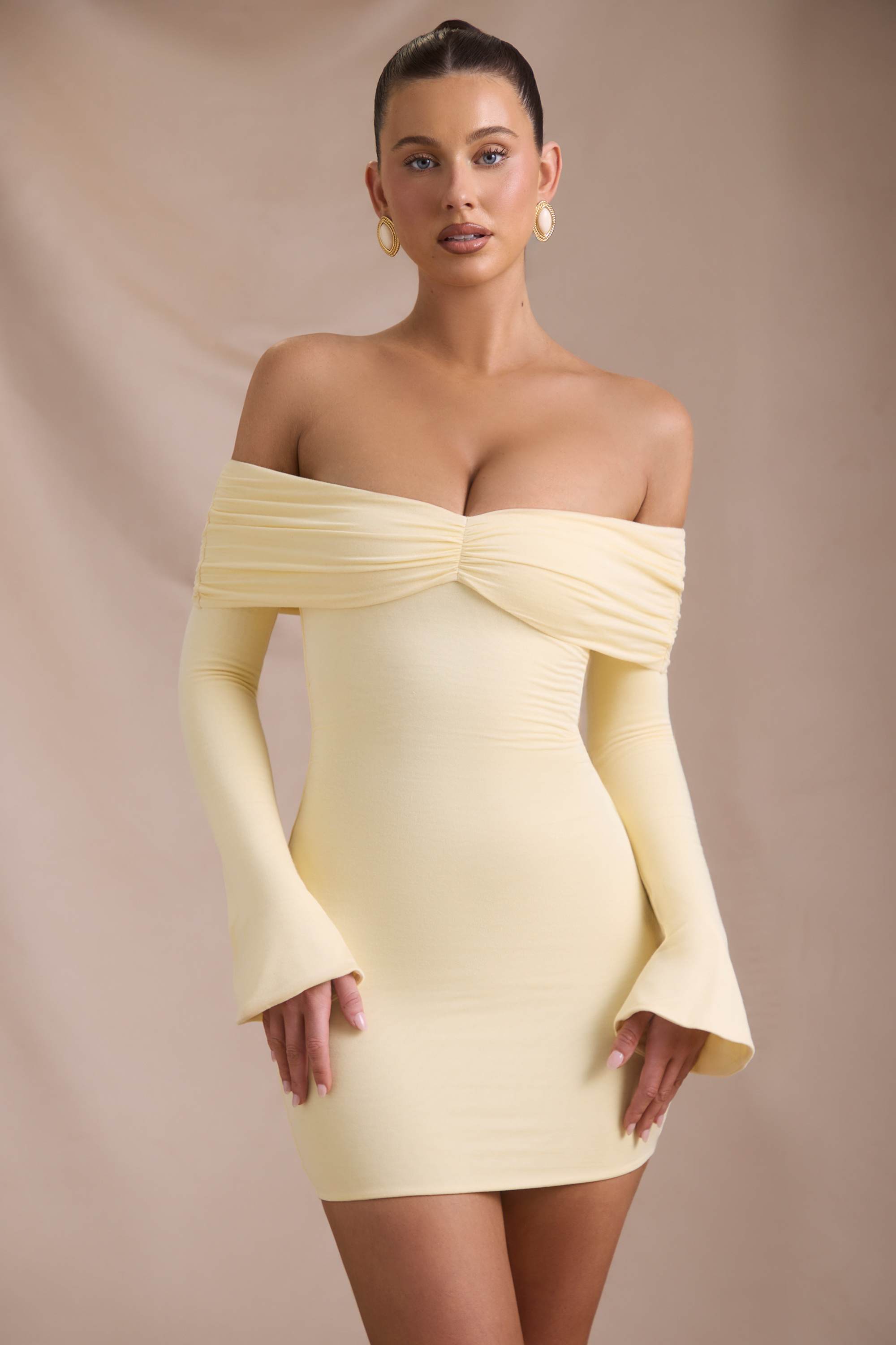 Thais-Modal-Cashmere Blend Off-Shoulder Ruched Mini Dress in Butter Yellow