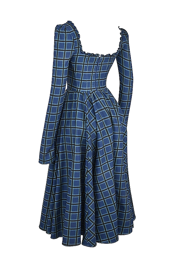 Delia-Blue Tartan Midi Dress