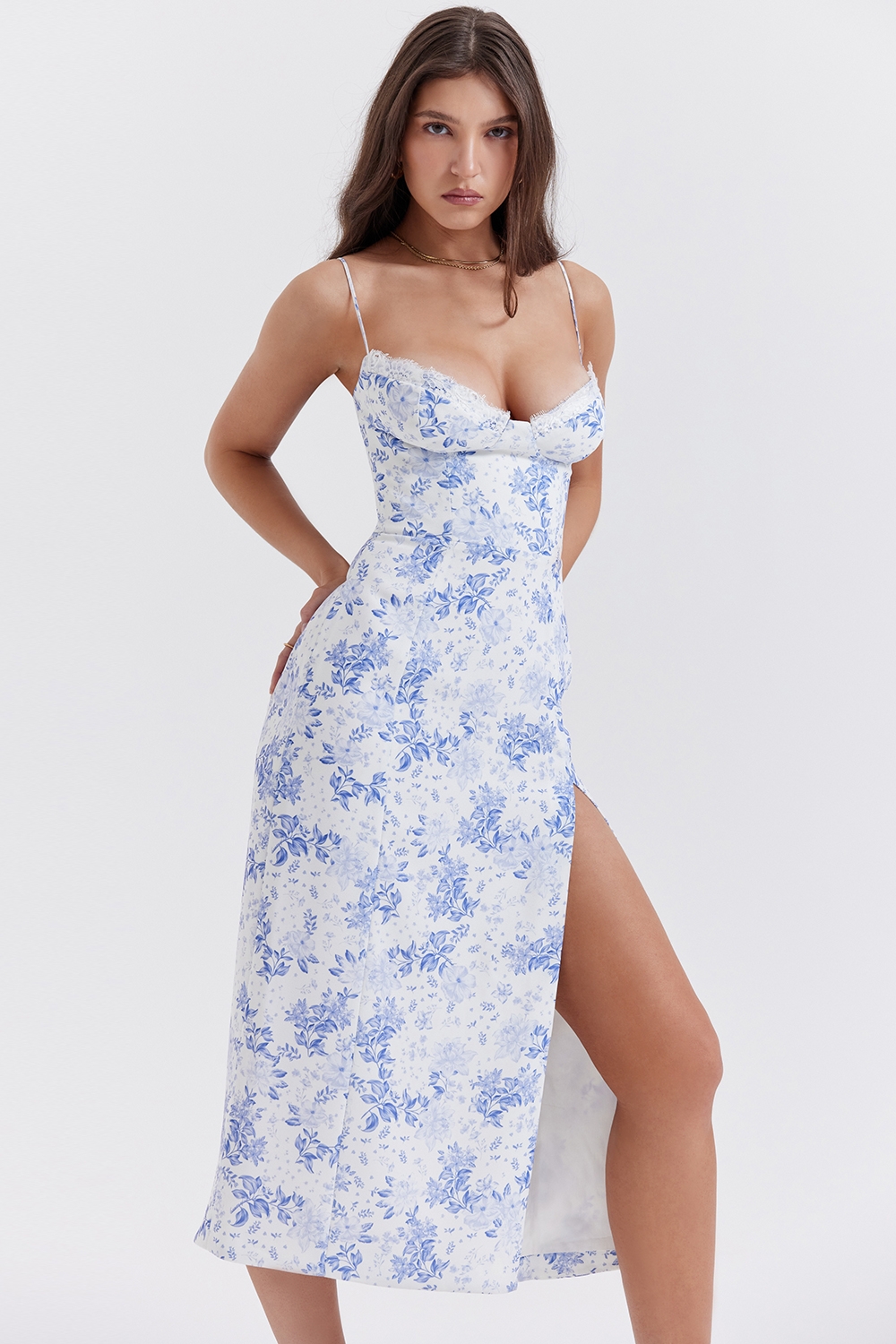 Charlotte-Blue Print Corset Midi Dress