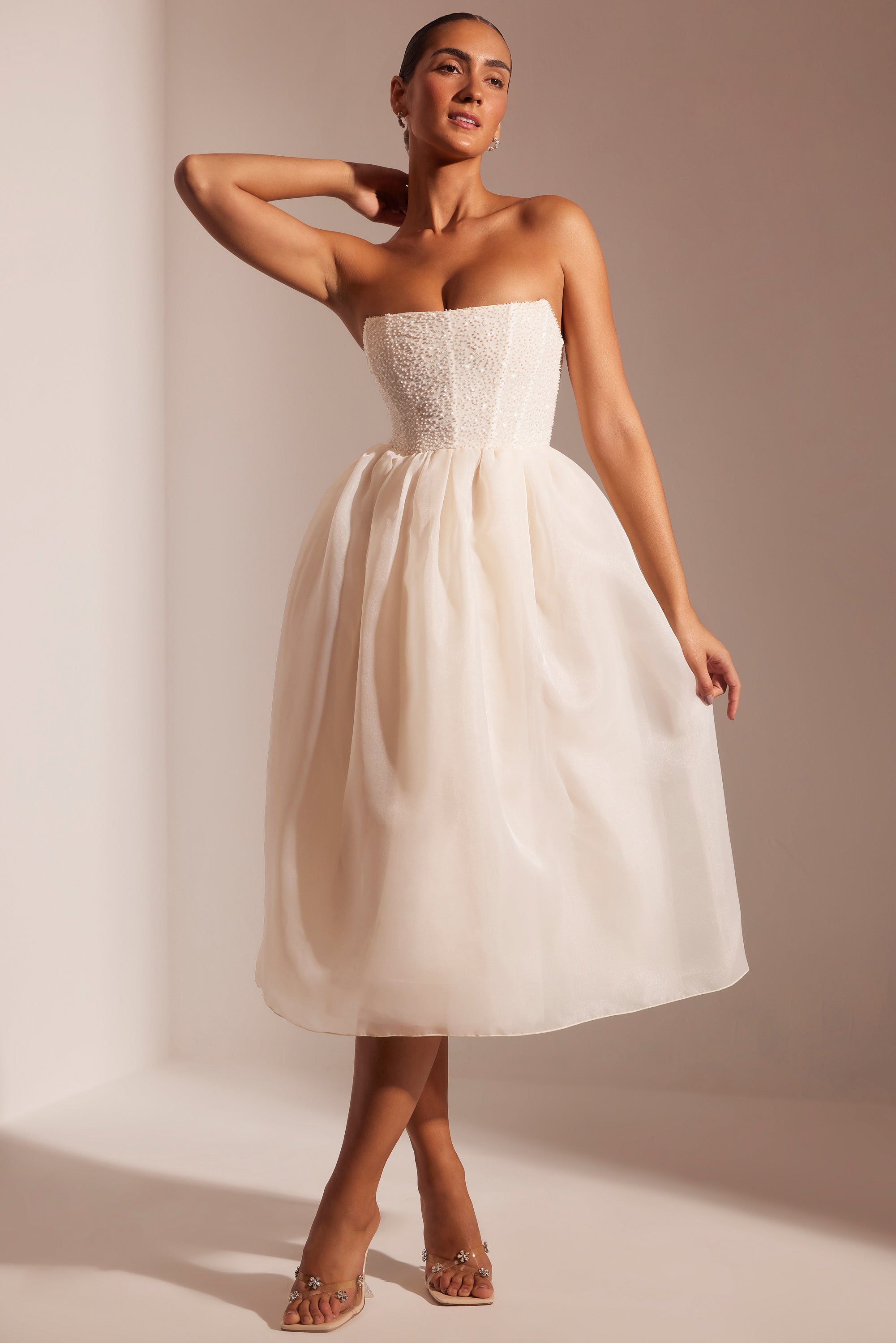 Rosette-Embellished Corset Tulle Skirt Midi Dress in Ivory